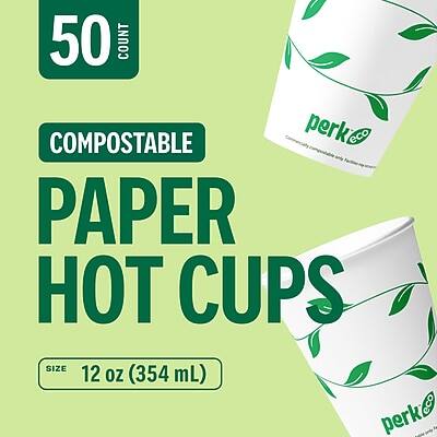 50 COUNT COMPOSTABLE PAPER HOT CUPS  
SIZE 12 OZ (354 mL)  
perk eco