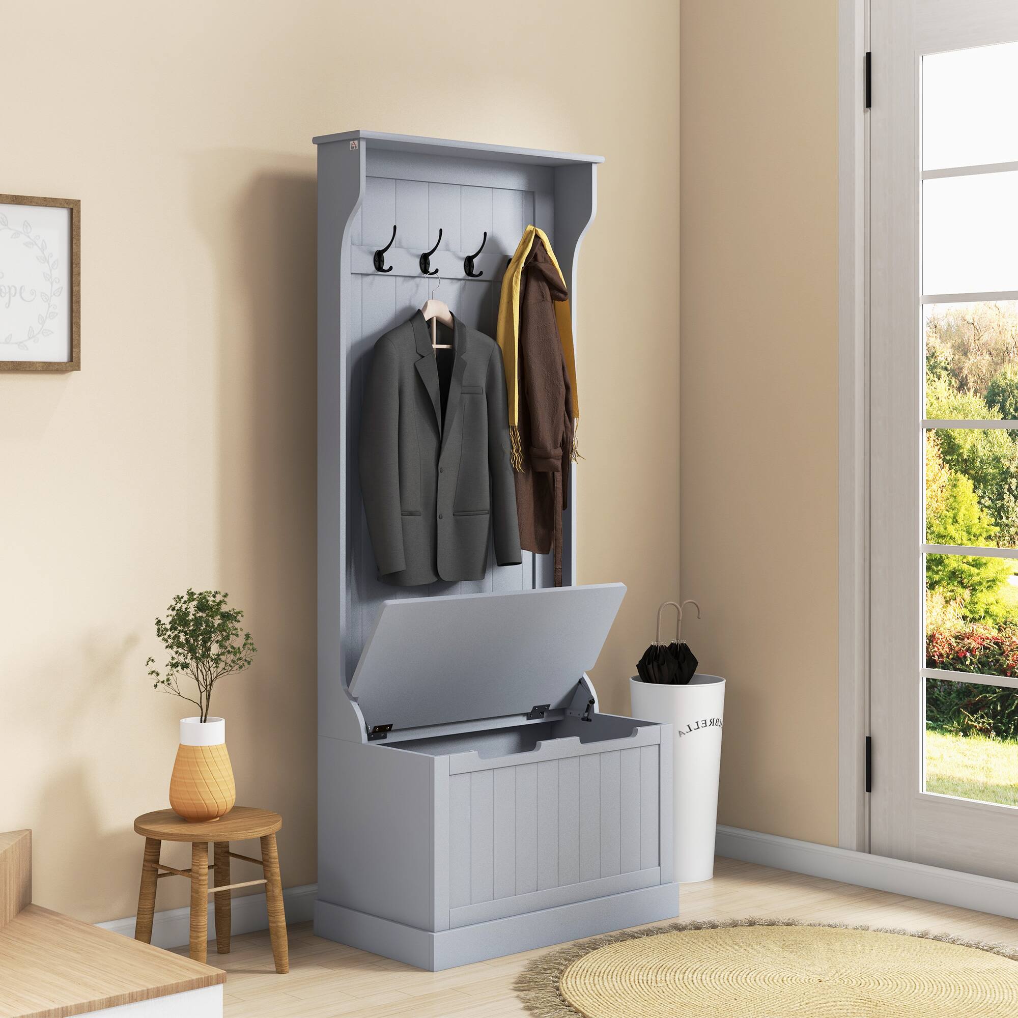 Alt View 1. Homcom - Hall Tree with Coat Rack and Sitting Bench, Mudroom Bench with Storage - Gray.