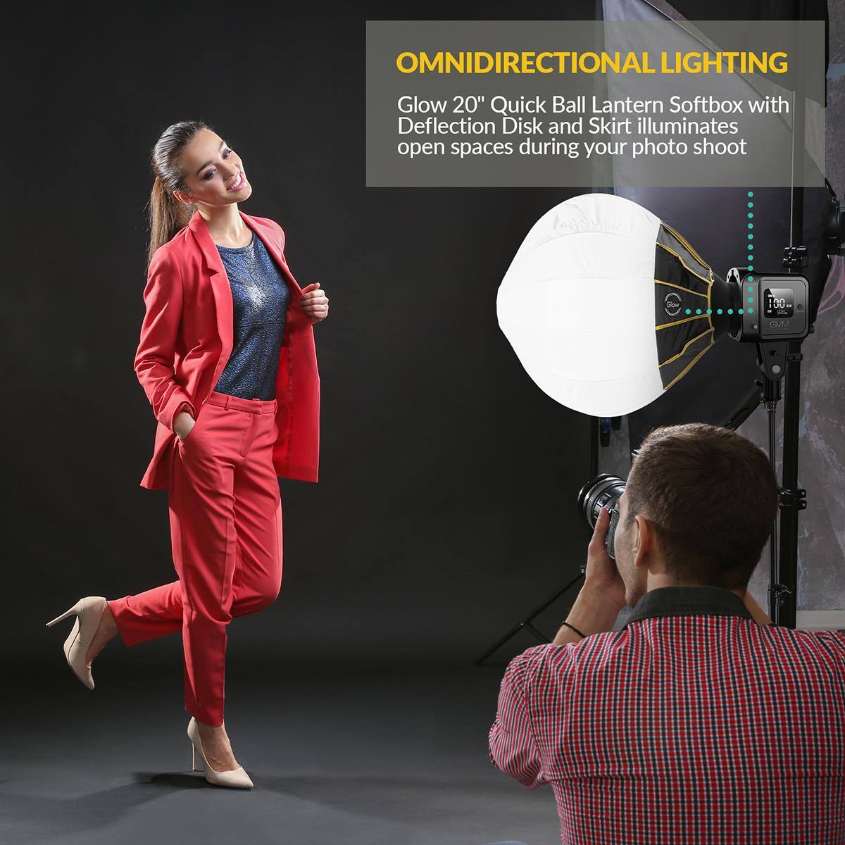 OMNIDIRECTIONAL LIGHTING  
Glow 20" Quick Ball Lantern Softbox with Deflection Disk and Skirt illuminates open spaces during your photo shoot