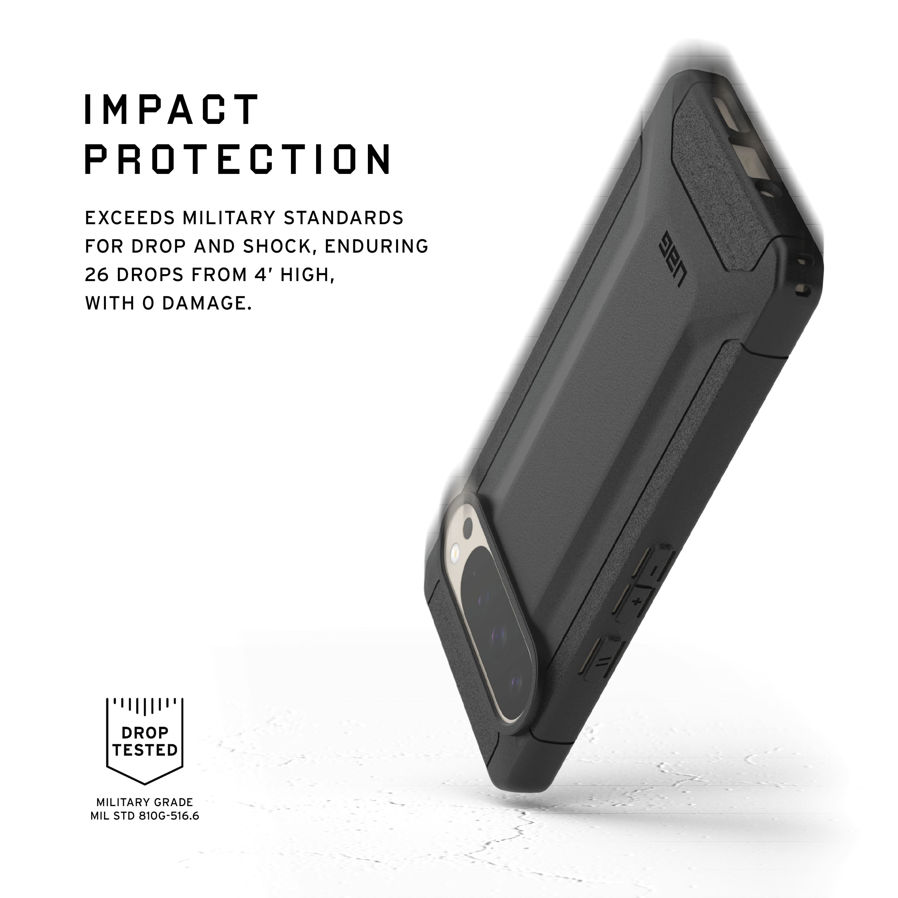 The image features a cell phone case that is advertised to provide impact protection that exceeds military standards for drop and shock. The case is drop tested to meet military grade MIL STD 810G-516.6, ensuring that the phone inside remains safe and secure. The case is designed to endure 26 drops from a height of 4 feet without sustaining any damage. This level of protection is ideal for individuals who require a high level of security for their electronic devices, such as military personnel or those working in harsh environments.