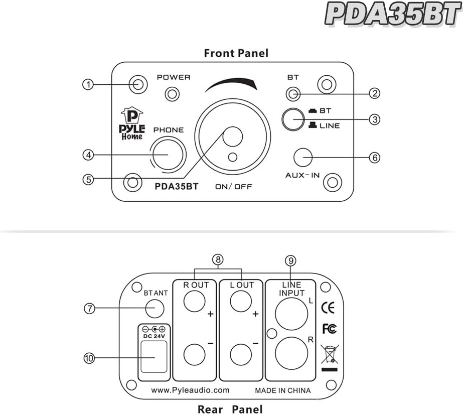 **Front Panel:**

1. POWER
2. BT
3. LINE
4. PHONE
5. PDA35BT
6. AUX-IN
7. ON/OFF

**Rear Panel:**

8. BT ANT
9. R OUT
10. L OUT
11. LINE INPUT L
12. LINE INPUT R
13. DC 24V
14. CE
15. FC

**Additional Information:**

- www.Pyleaudio.com
- MADE IN CHINA