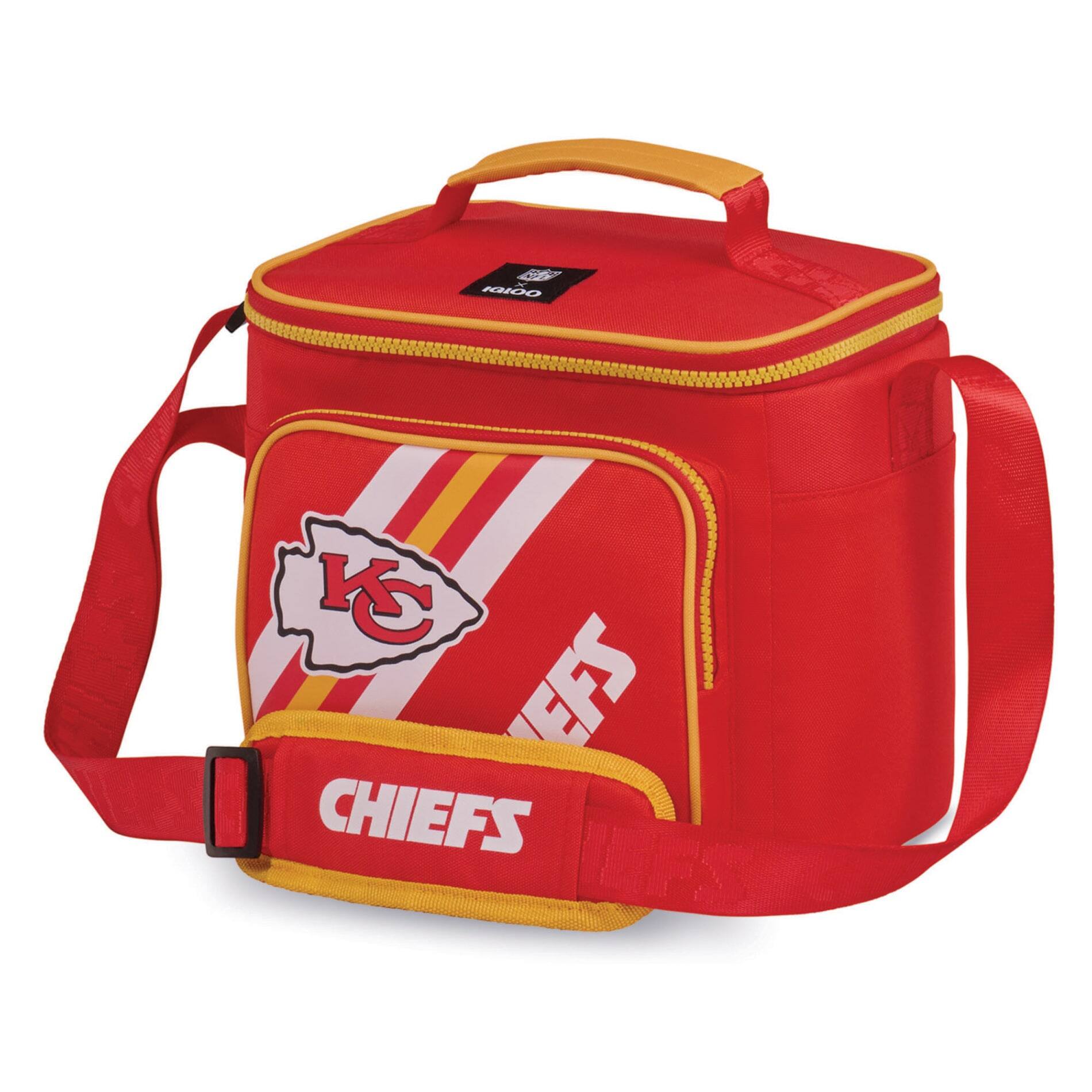 The text on the image should be grouped and corrected as follows:

- "CHIEFS" (on the strap)
- "KC" (inside the shield logo)
- "CHIEFS" (on the side of the cooler)