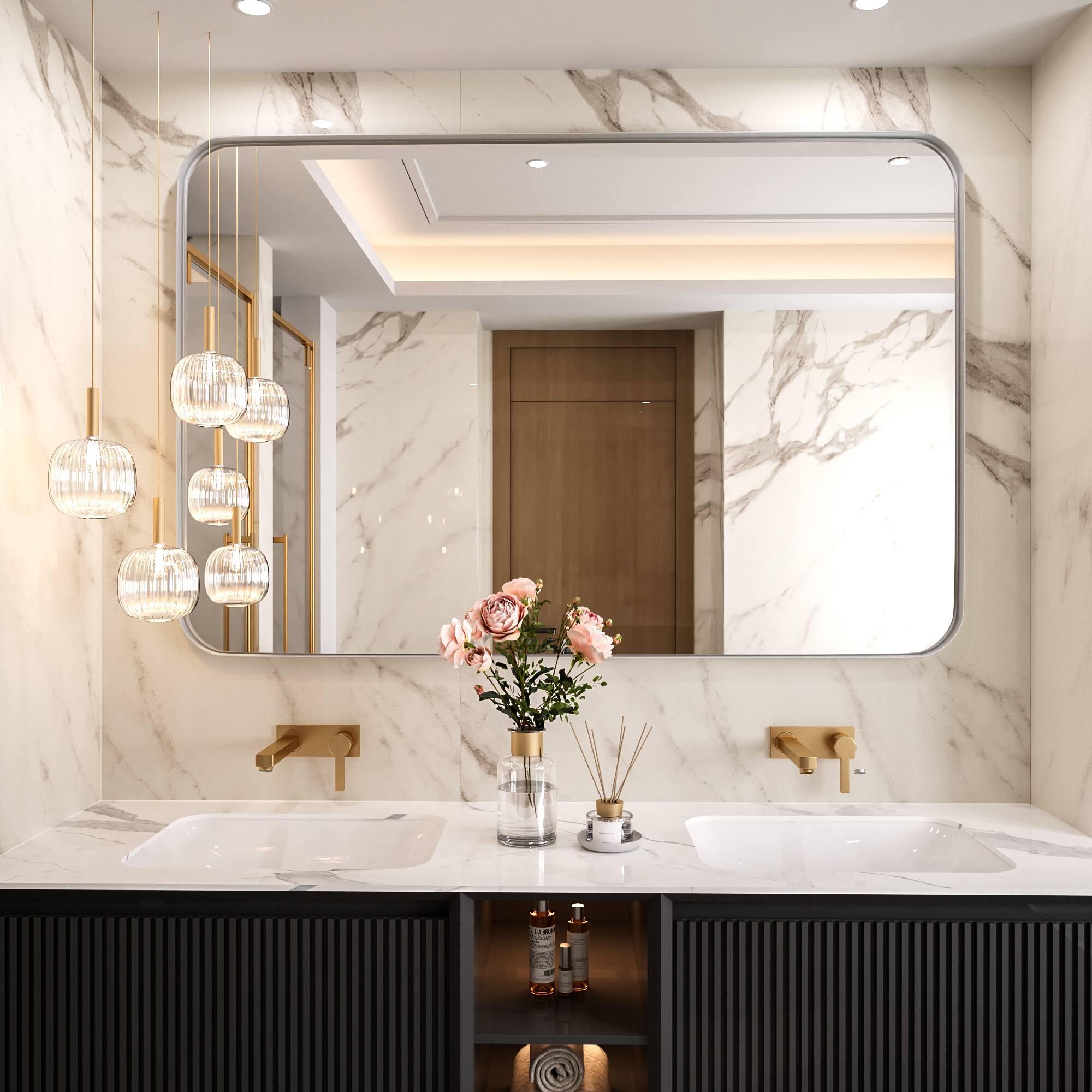 Left. LOVMOR - Tempered Glass Rounded Rectangle Framed Wall-Mounted Bathroom Vanity Mirror - 48" x 32" - Silver.