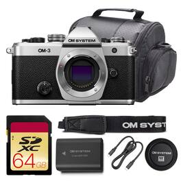 OM System - OM-3 Mirrorless Camera Bundle (V210050SW000) + 64GB Card + Camera Bag - Silver