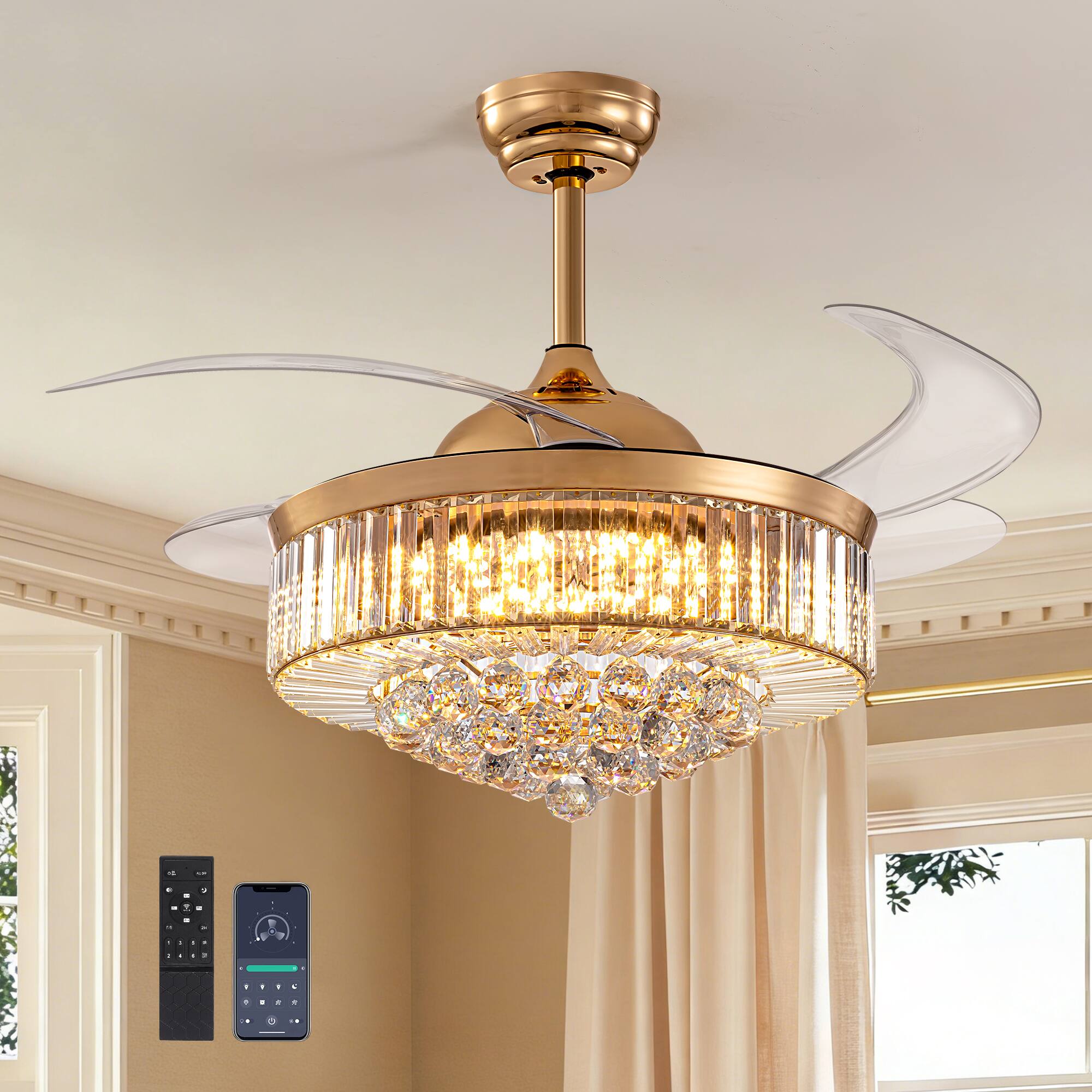 Angle. Siljoy - 42 Inch Gold Crystal Retractable Ceiling Fan with LED Light Remote and App Control for Living Room Bedroom and Kitchen - Gold.