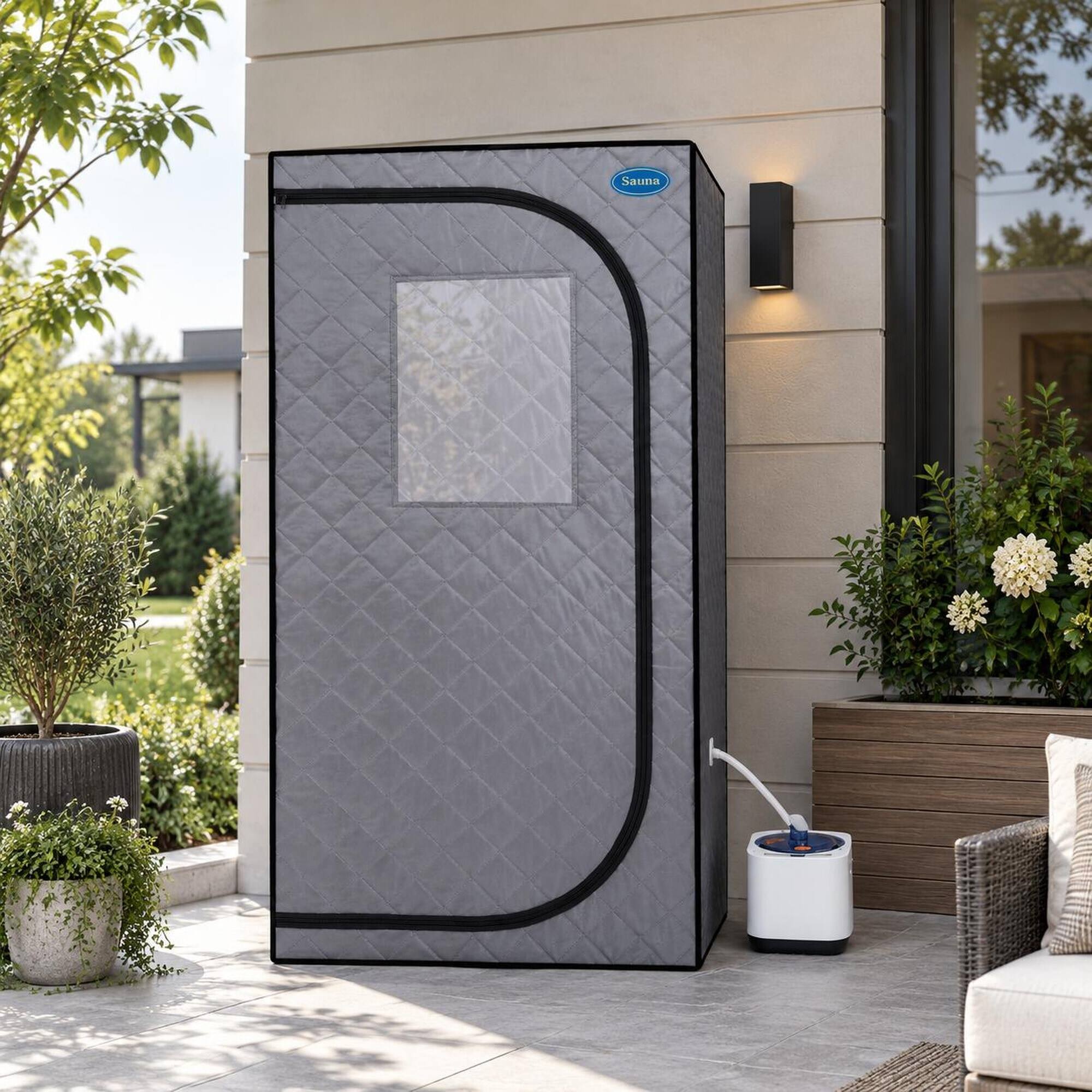Angle. RYHNUYNE - Portable Grey Steam Sauna Tent, Personal Home Spa, 2.2L Steam Generator, Remote Control, Foldable Chair, PVC Pipe - Cement Grey.