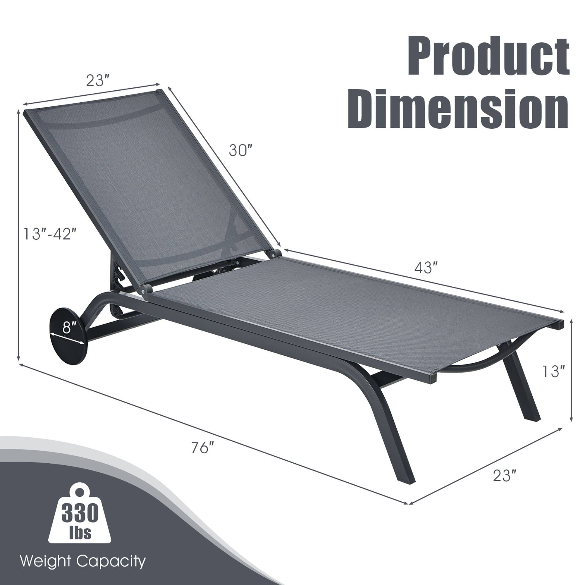 Product Dimension: 23", 30", 13"-42", 43", 8", 13", 76", 23"

Weight Capacity: 330 lbs