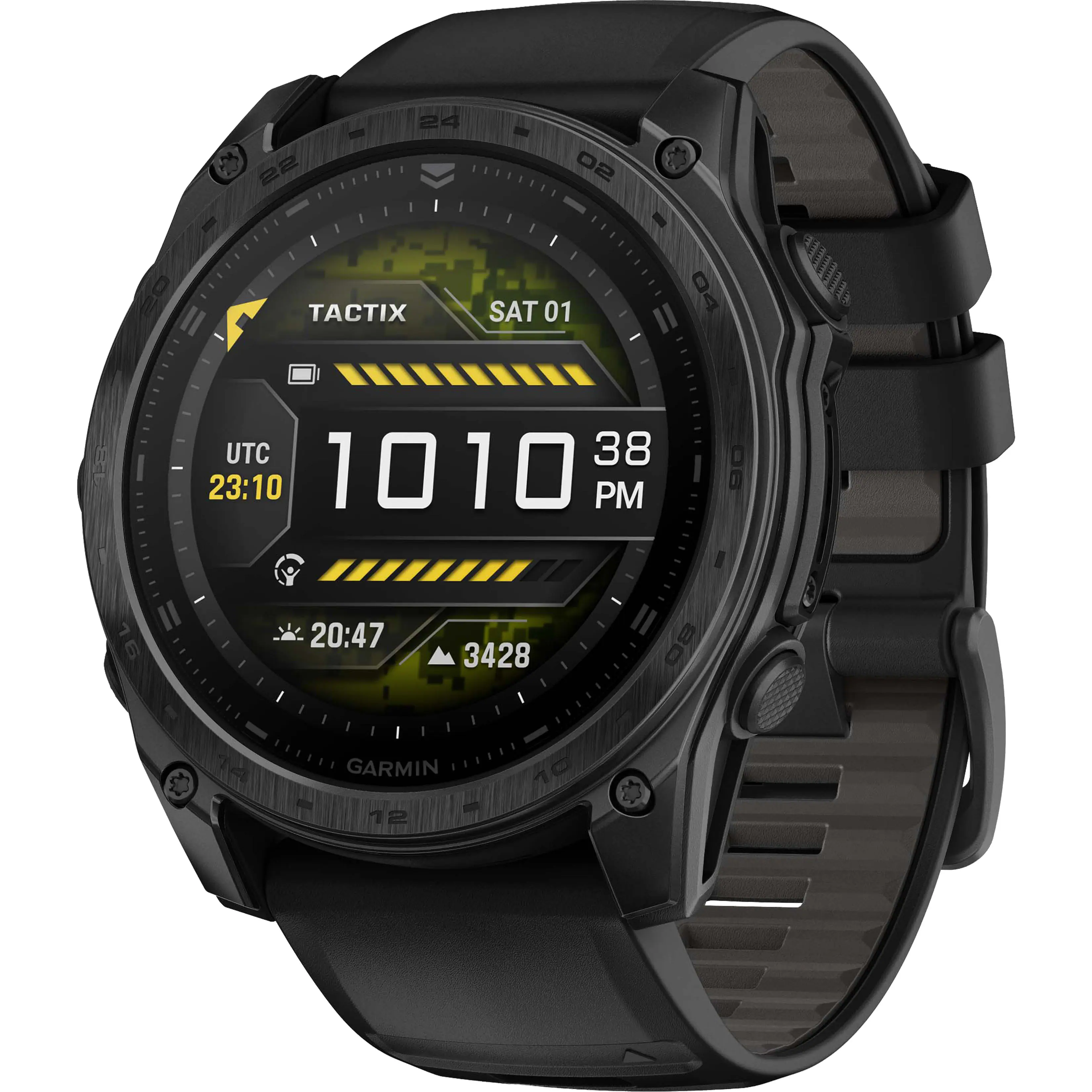 The text on the image reads: "22 - 24 - 02 TACTIX SAT 01 04 UTC 38 23:10 1010 PM 20:47 ion 3428 08 T GARMIN 12 10." This text is likely related to the time and date displayed on the watch. The watch shows the time as 23:10, which is equivalent to 10:10 PM. The date displayed is 01 04, which corresponds to January 4th. The watch also has a GPS function, as indicated by the Garmin brand.