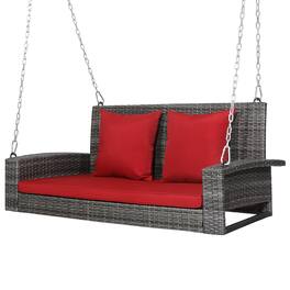 Costway - 2-Person Patio PE Wicker Hanging Porch Swing Bench Chair with Cushion - Red