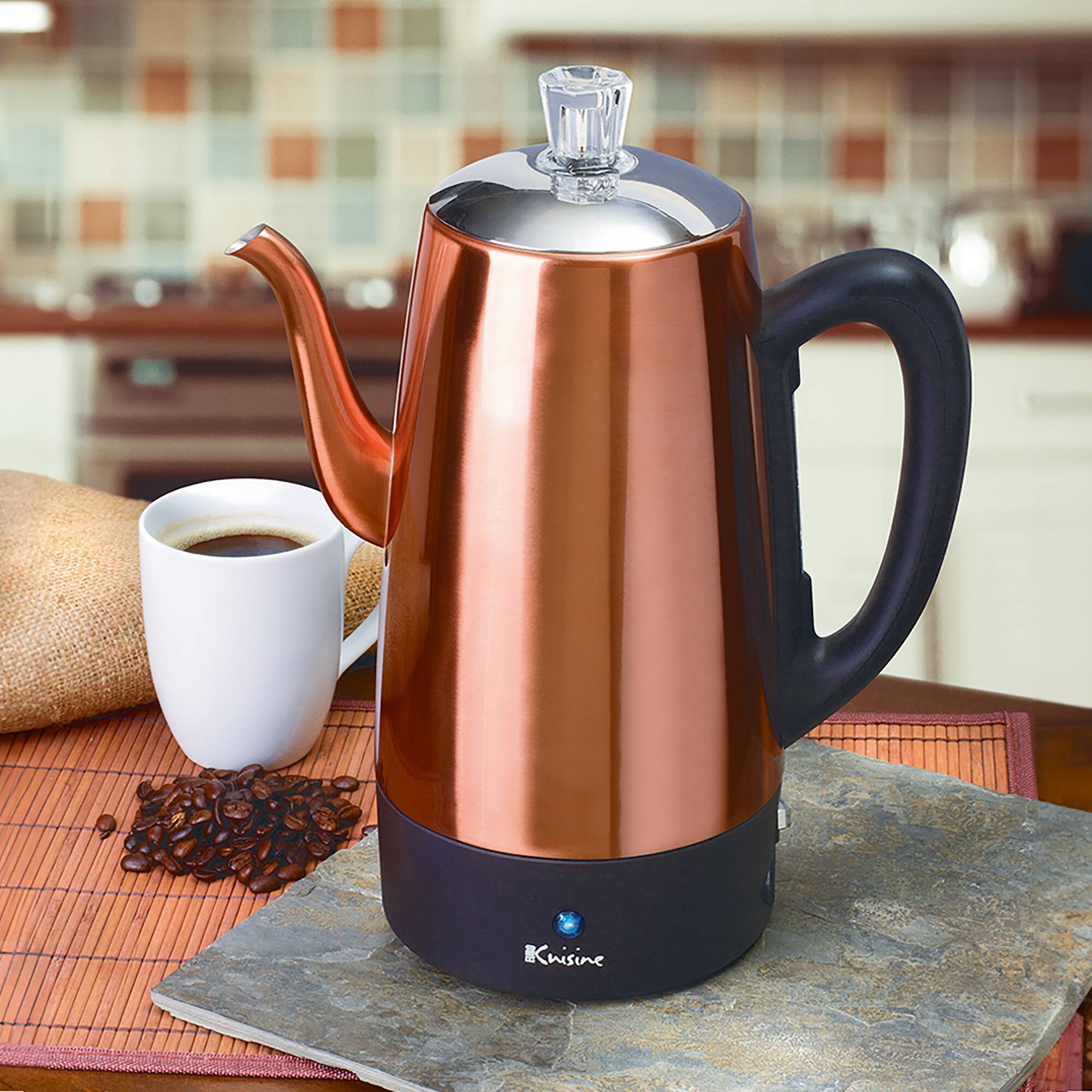 Back. Euro Cuisine - Euro Cuisine PER12 Stainless Steel Electric Coffee Percolator, 12 Cup - Copper.