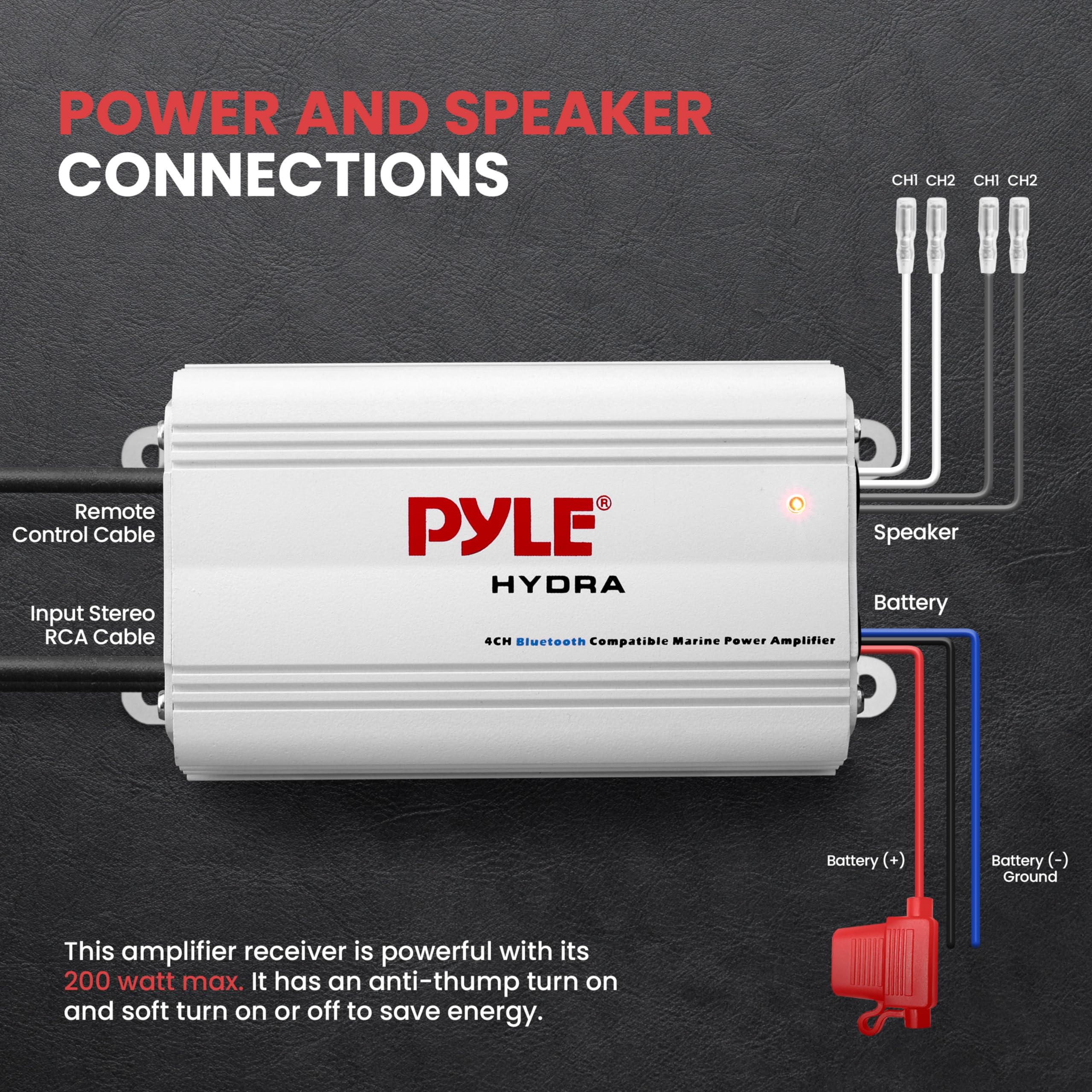 POWER AND SPEAKER CONNECTIONS

CH1 CH2 CH1 CH2

Remote Control Cable  
Input Stereo RCA Cable  
PYLE HYDRA Speaker  
Battery  
Battery (+)  
Battery (-)  
Ground  

This amplifier receiver is powerful with its 200 watt max. It has an anti-thump turn on and soft turn on or off to save energy.