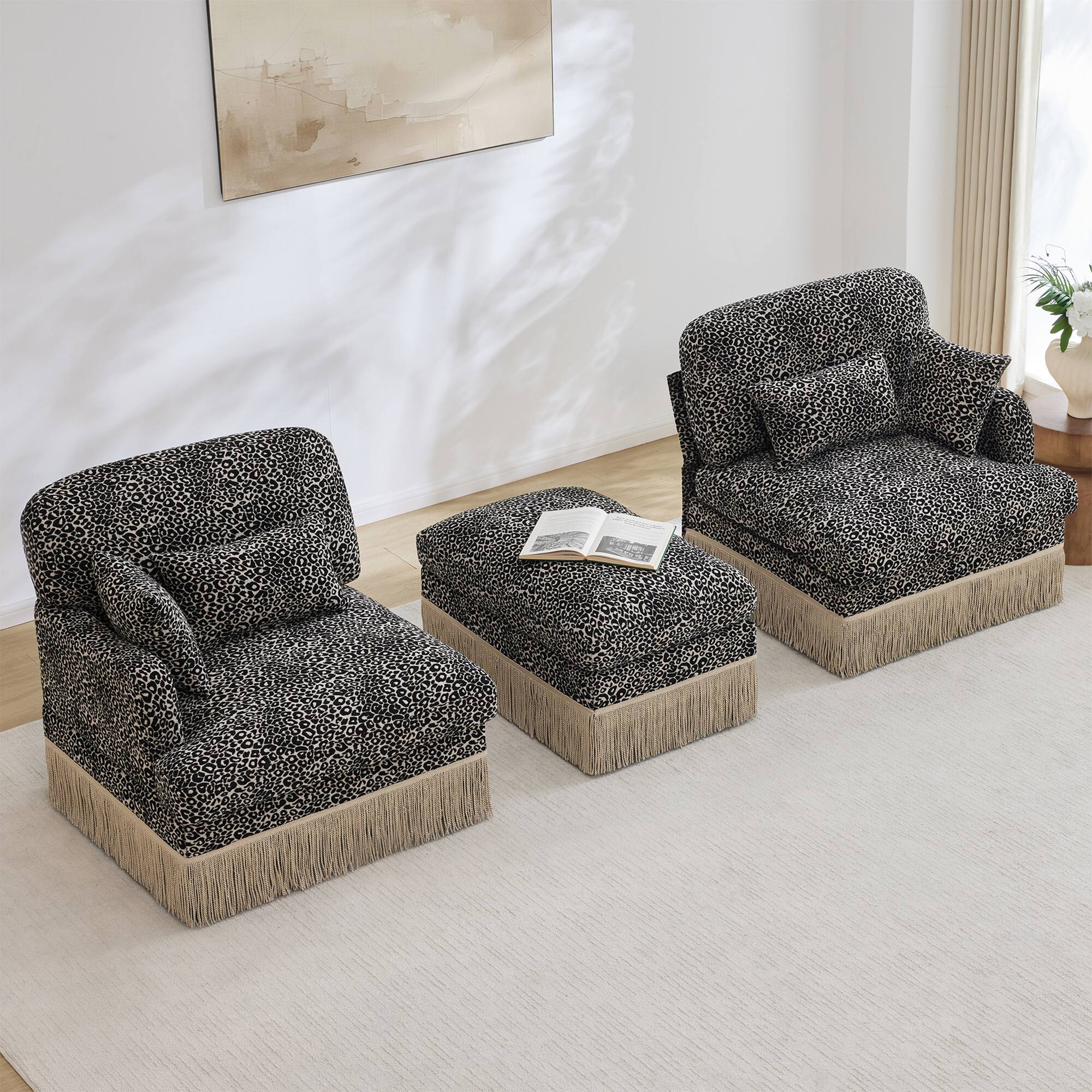 Back. Anysun - Delicate Fashion Style Chenille Leopard Printing L-Shape Sofa with Movable Ottoman, Easy Assembly - khaki.