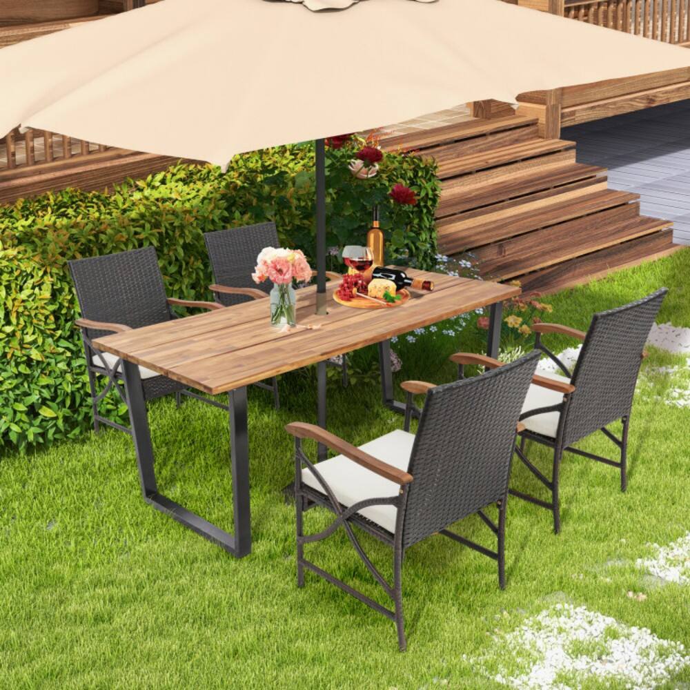 Angle. Mondawe - 5 Pieces Patio Rattan Dining Set with Acacia Wood Tabletop and Armrests - Mix Brown.