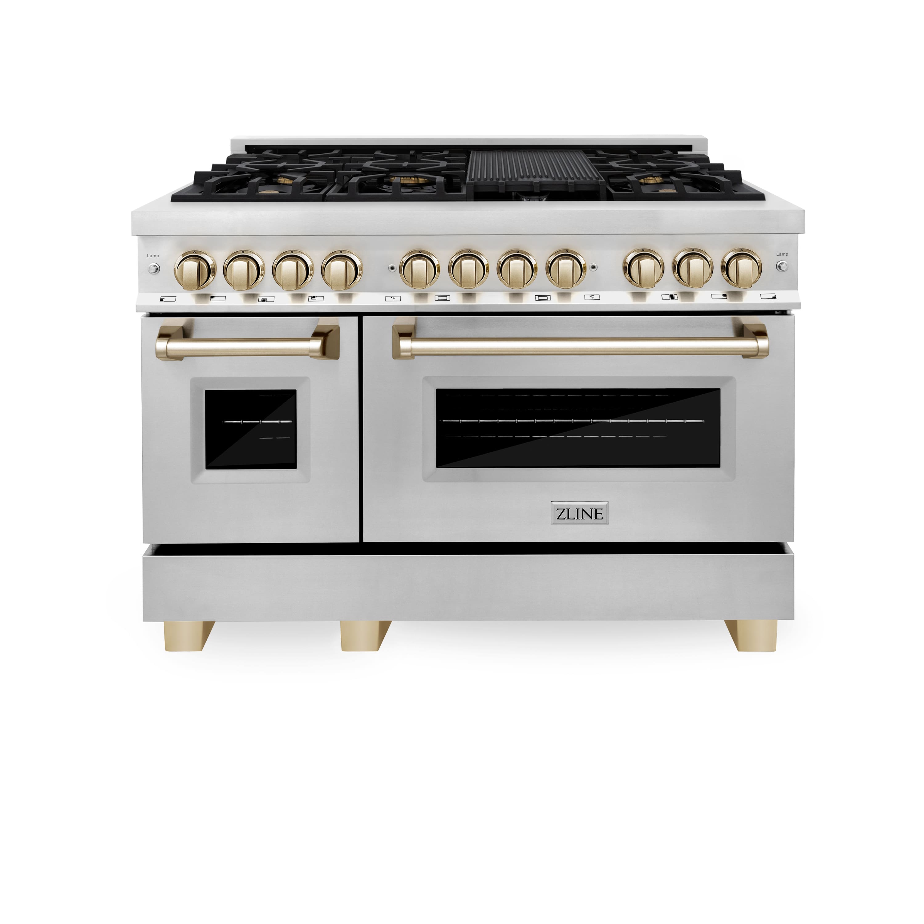 Front. ZLINE - Autograph 48" Legacy Dual Fuel Range w/ 7 Burners & Polished Gold Accents (RAZ-48-G) - Stainless Steel.