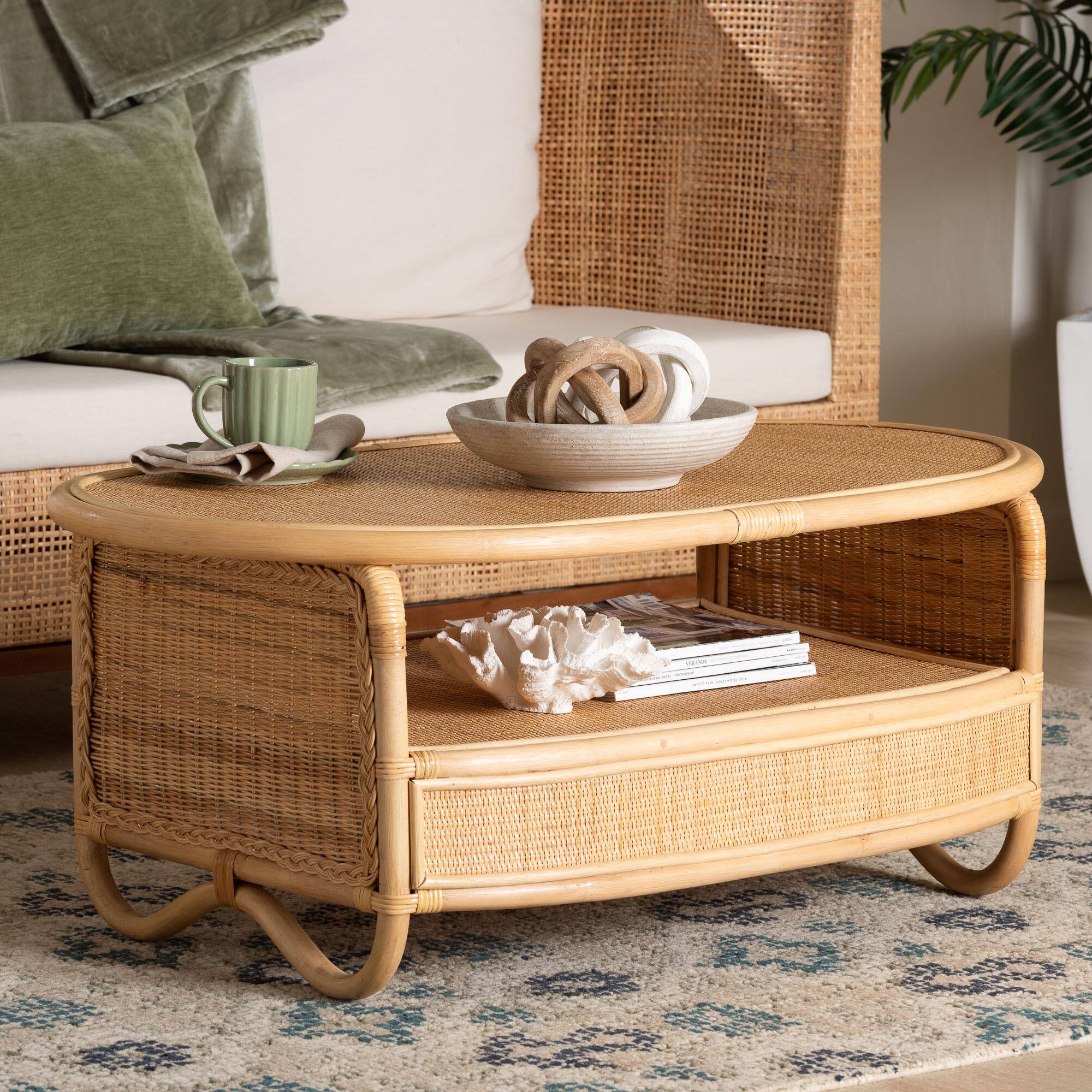 Alt View 4. bali & pari - bali & pari Dyna Natural Rattan Coffee Table with Open Shelf - Handwoven Wicker Accent Table with Oval Tabletop - Natural.
