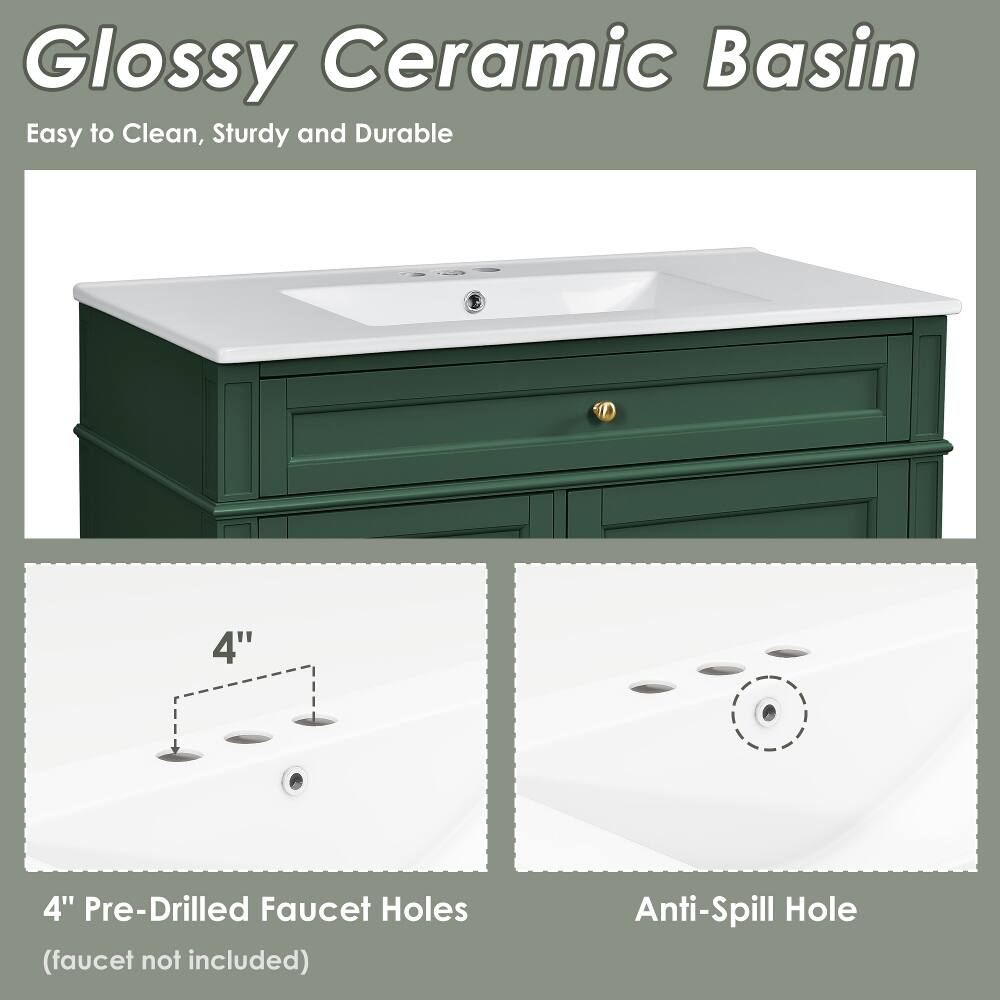 Glossy Ceramic Basin  
Easy to Clean, Sturdy and Durable  

4" Pre-Drilled Faucet Holes (faucet not included)  
Anti-Spill Hole