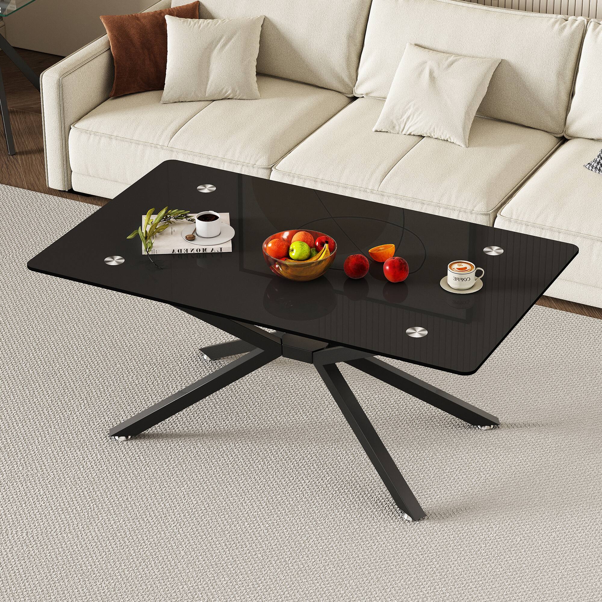 Alt View 1. Ecooso - 39.37" Rectangle Black Glass Coffee Table,Stylish Design with  Black Metal Legs, Coffee Table for Living Room - Black.