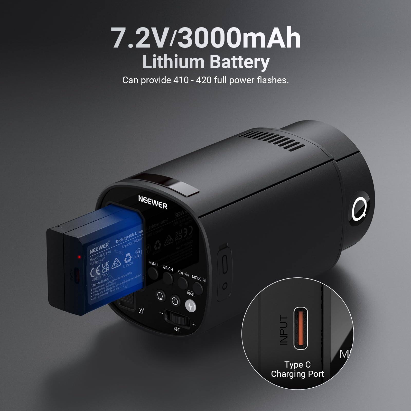 7.2V/3000mAh Lithium Battery  
Can provide 410-420 full power flashes.  

NEEWER EWER Algbe Din CENS UK Rechargeable 200 CR NEEWER Carecity PRD F 4822 M 22 jp UK cHeT a MINU CE CA GRCH Zm-k. du ma a use MODE- Caubias neset 4 + SET INPUT Type Charging Port