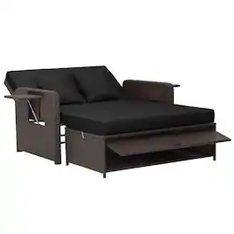 Costway - Patio Rattan Loveseat Set Daybed Lounge Storage Ottoman Side Tables Adjust - Black