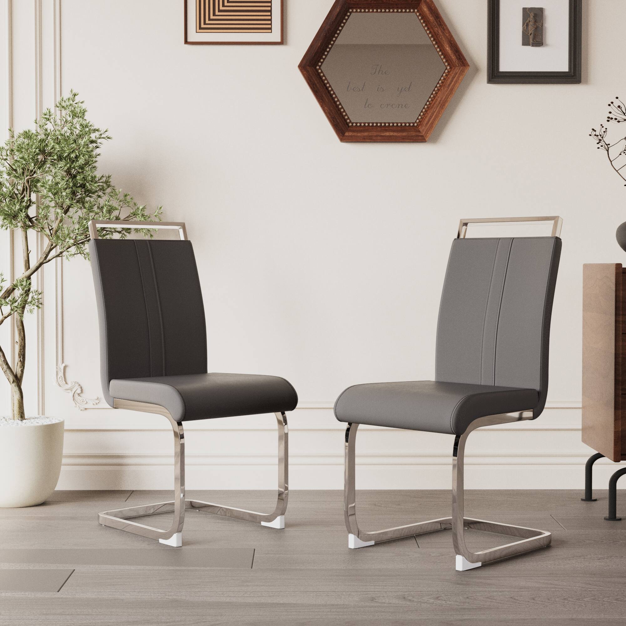 Alt View 4. TinyHomie - Set of 4 Grey PU Leather High Back Dining Chairs C-Shaped Metal Legs - gray.