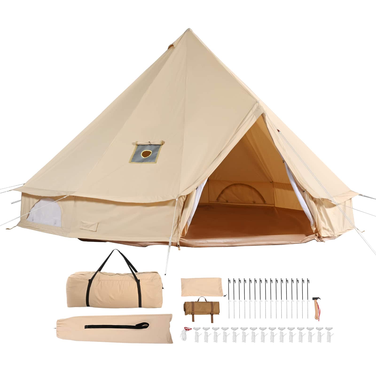 VEVOR - Canvas Bell Tent, 4 Seasons 7 m/22.97 ft Yurt Tent, Canvas Tent for Camping with Stove Jack, Holds up to 12 People - Beige