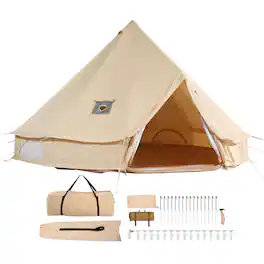 VEVOR - Canvas Bell Tent, 4 Seasons 7 m/22.97 ft Yurt Tent, Canvas Tent for Camping with Stove Jack, Holds up to 12 People - Beige