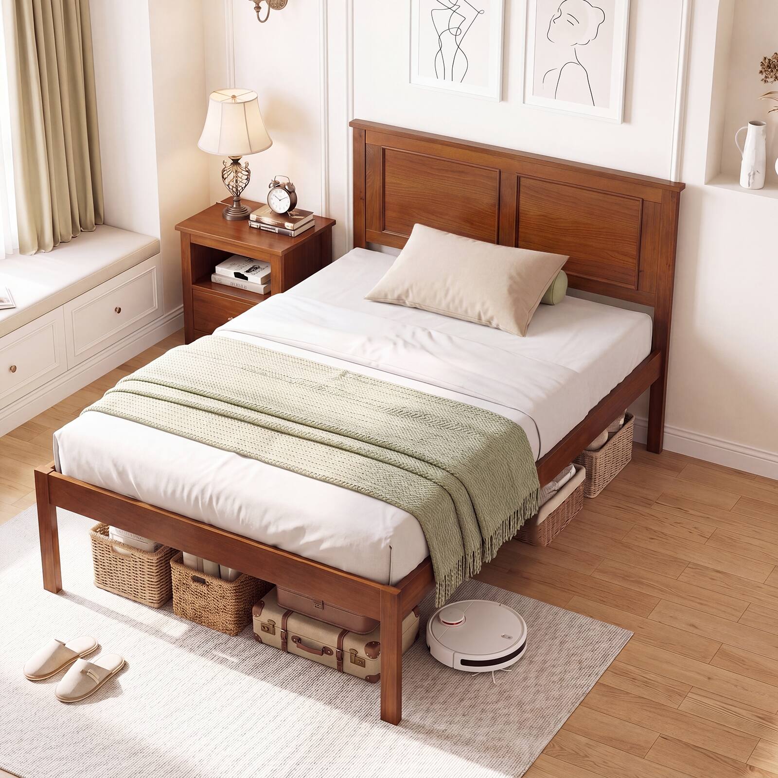 Alt View 1. Gymax - Gymax Twin Size Bed Frame Farmhouse Wooden Platform Bed w/Headboard Under-Bed Storage - Brown.