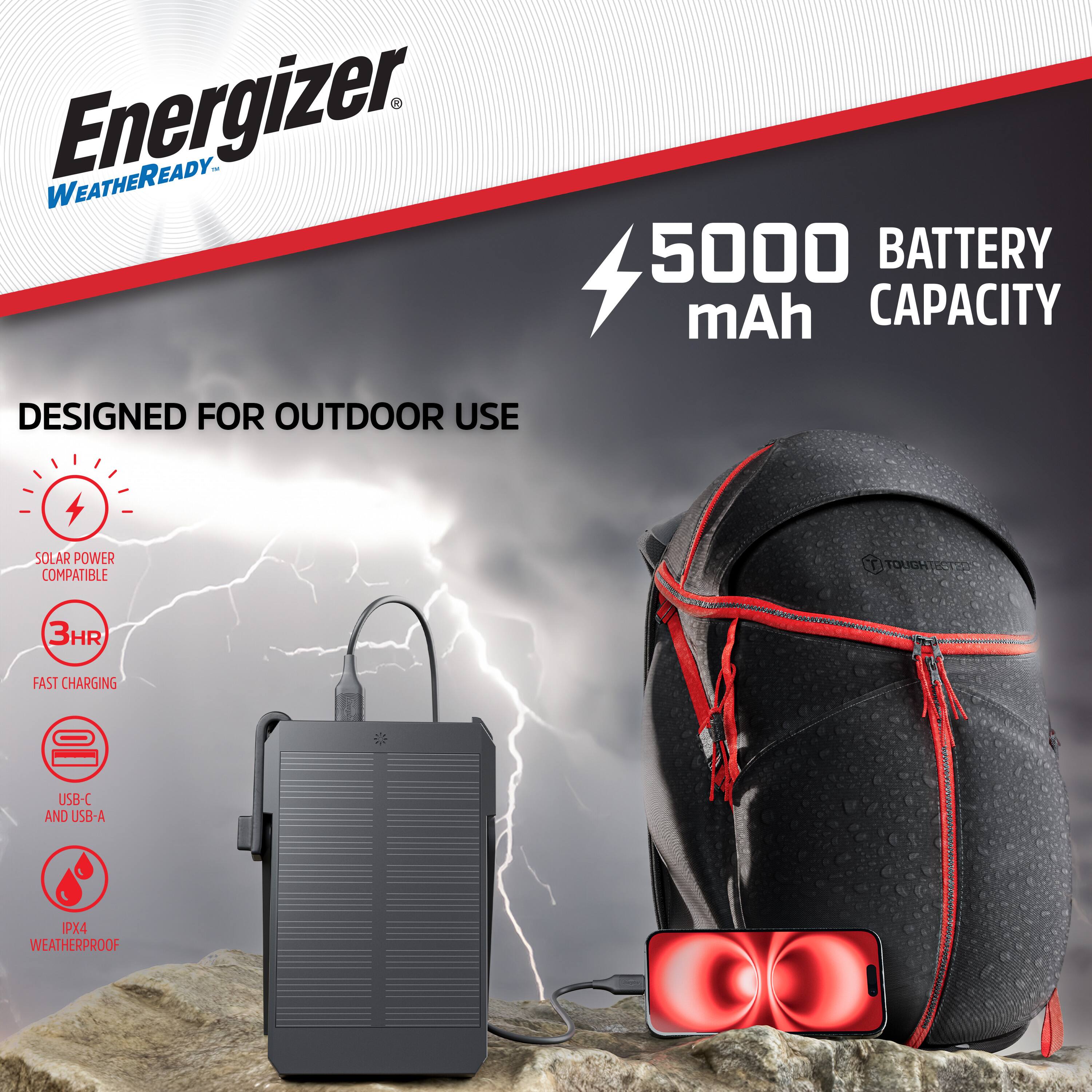 Energizer  
WEATHERREADY  

5000 mAh BATTERY CAPACITY  

DESIGNED FOR OUTDOOR USE  

SOLAR POWER COMPATIBLE  
3HR FAST CHARGING  
USB-C AND USB-A  
IPX4 WEATHERPROOF
