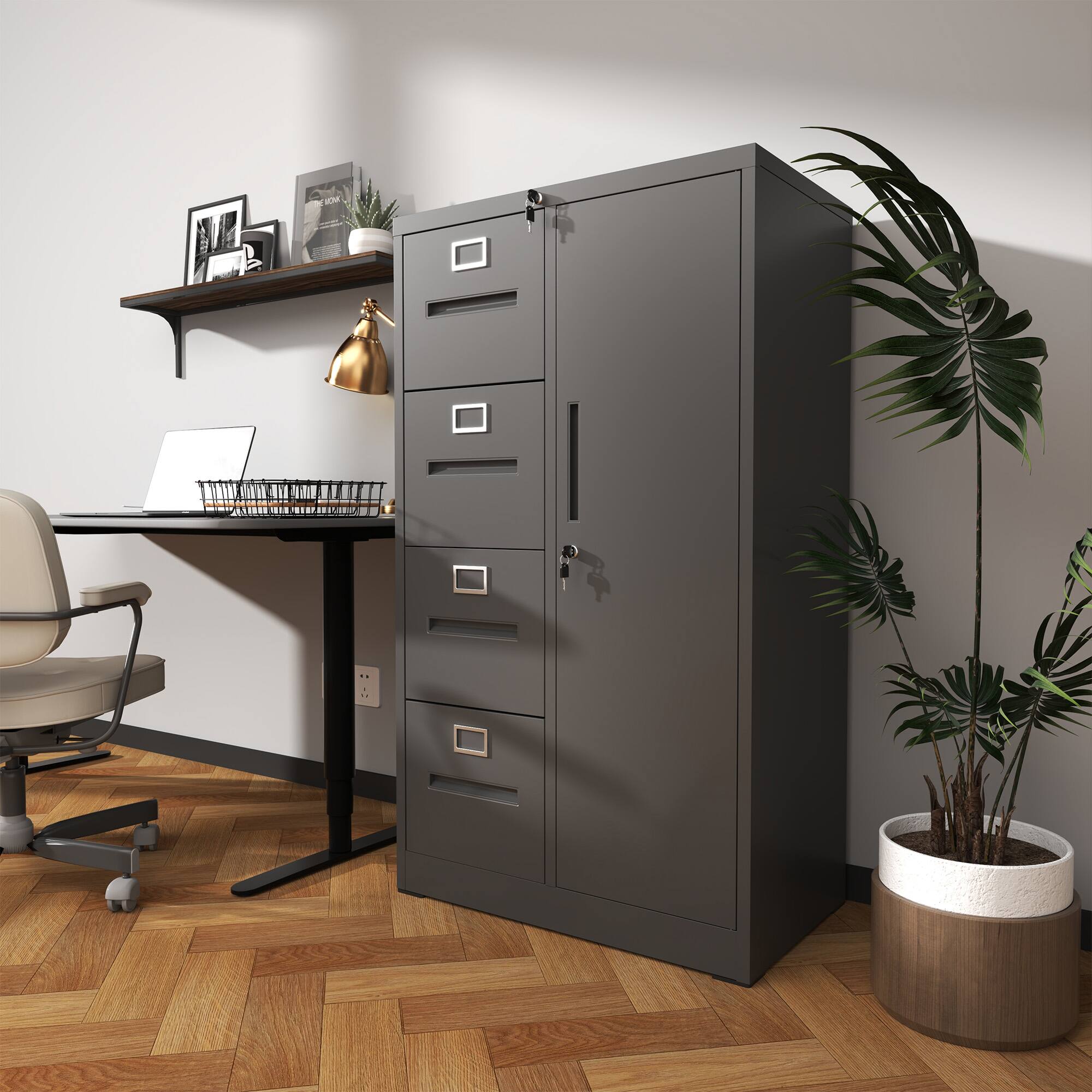 Back. Dexmalle - Dexmalle-Metal Storage Vertical Filing Cabinet with Lock,4 Drawers and 1 door -Black.