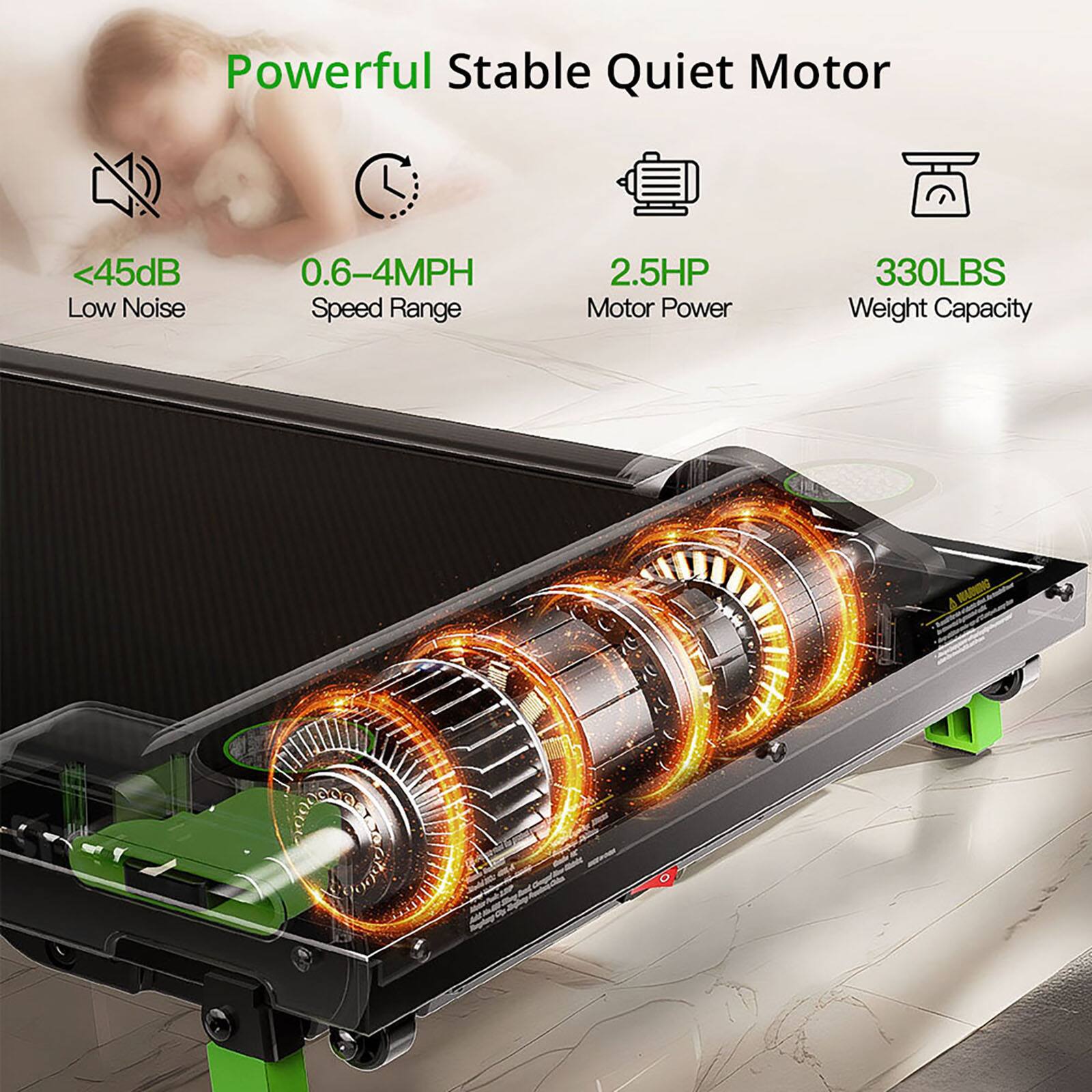 Powerful Stable Quiet Motor:

* Low Noise: 45 dB
* Speed Range: 0.6-4 mph
* Motor Power: 2.5 HP
* Weight Capacity: 330 lbs