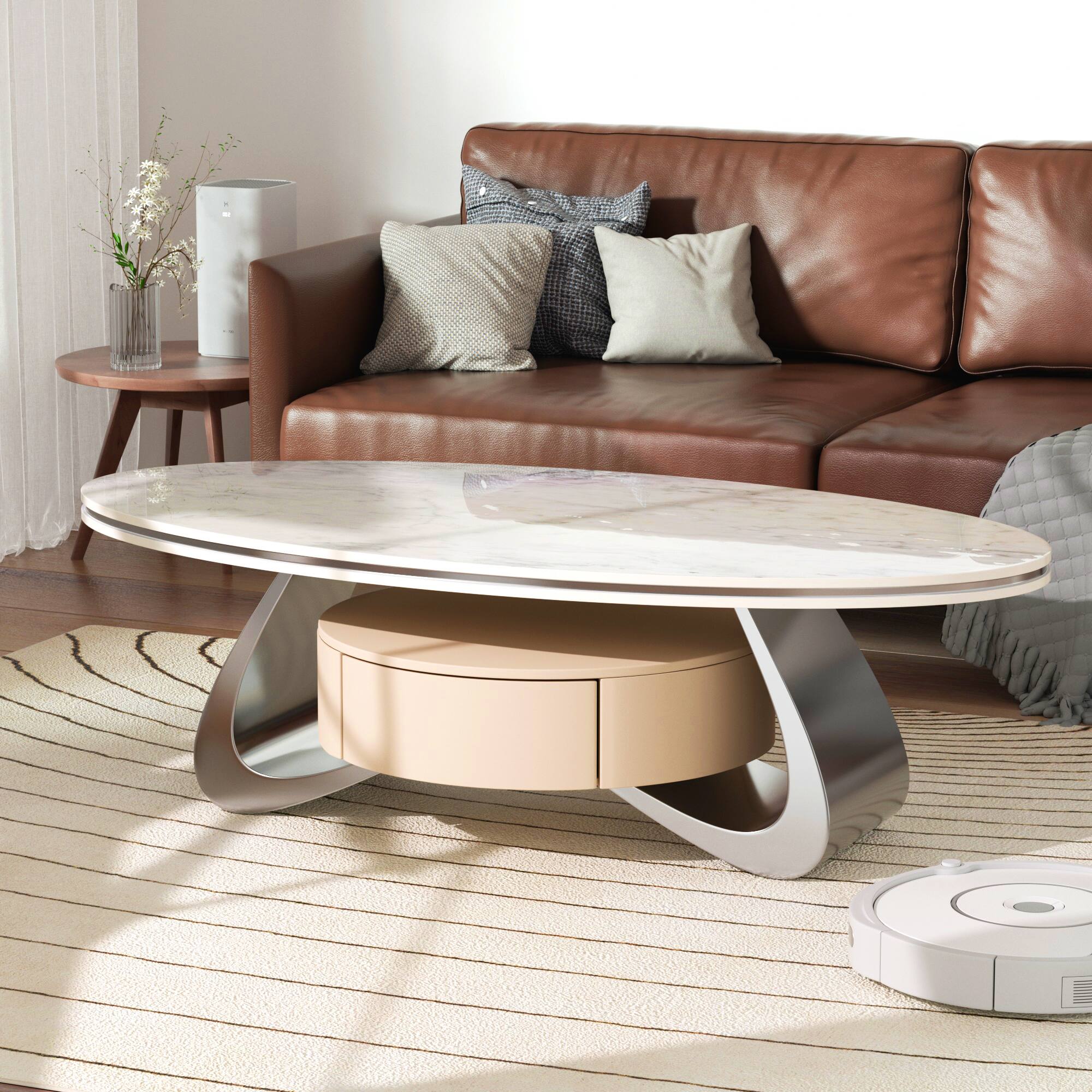Front. MSOOB - 47.2" Oval Modern Coffee Table Luxury Faux Marble Top Stainless Steel Base - Multicolor.
