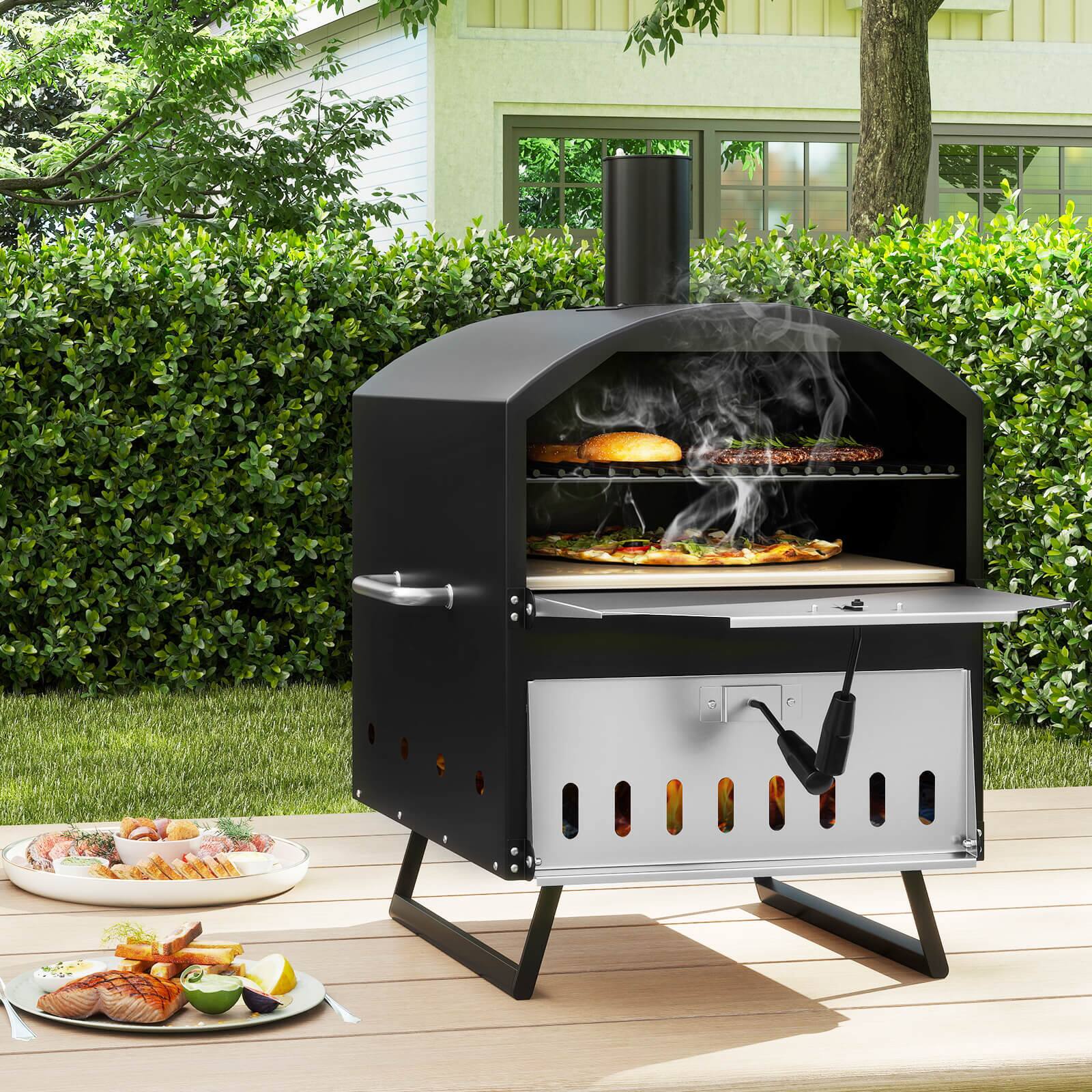 Alt View 1. Costway - Costway 16" Outdoor Pizza Oven with Stone Peel & Grill Racks Folding Legs and Cover - Black.