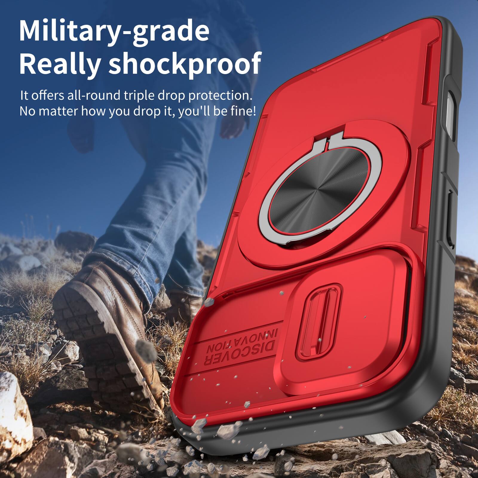 Military-grade Really shockproof.  
It offers all-round triple drop protection.  
No matter how you drop it, you'll be fine!  
INNOVATION ONNI DISCOVER NOI