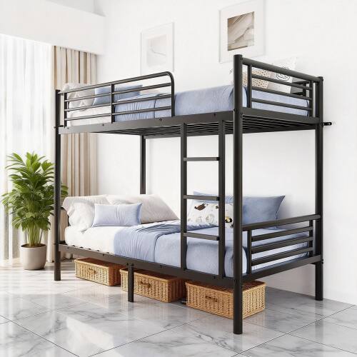 Alt View 5. Winado - Metal Twin Bunk Bed Frame with Safety Rails Flat Ladder Full-Length Guardrail No Boxing Spring Needed  for Teens Bedroom - Black.