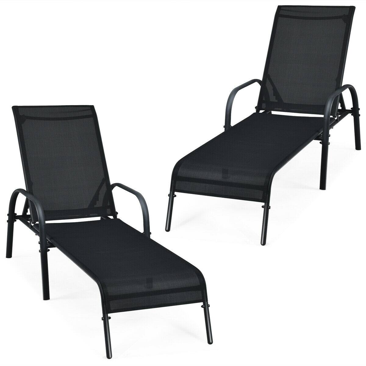 Alt View 2. Mondawe - 2-Piece Fabric Chaise Lounge w/ Adjustable Reclining Armrest, Outdoor Patio Recliner Set for Poolside - Black.