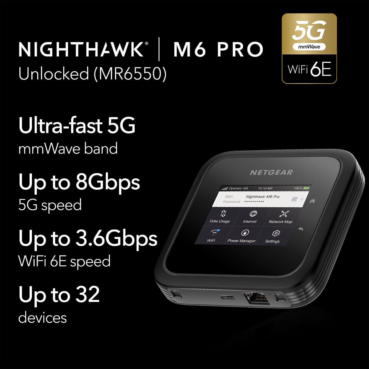 Nighthawk M6 Pro Unlocked (MR6550) 5G mmWave WiFi 6E Ultra-fast 5G mmWave band Up to 8Gbps 5G speed Up to 3.6Gbps WiFi 6E speed Up to 32 devices NETGEAR mAl Oeraor De up 10AM nU W Nighthawk M6 Pro Password Duta Unage Irnturnet Network Map WIF Power Manager Settings