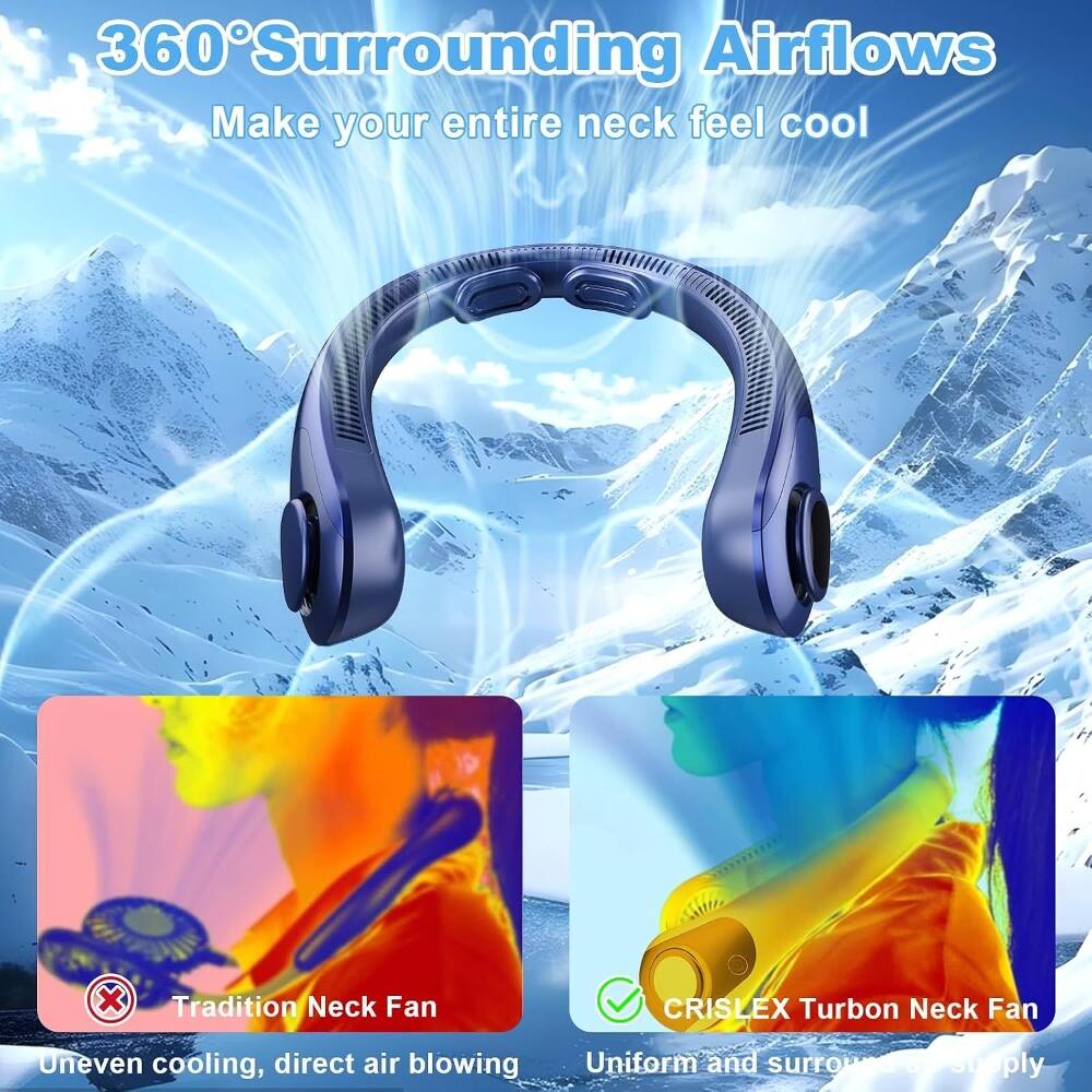 360° Surrounding Airflows  
Make your entire neck feel cool  

CRISLEX Turbon Neck Fan  

Uneven cooling, direct air blowing  
Uniform and surrounding air supply