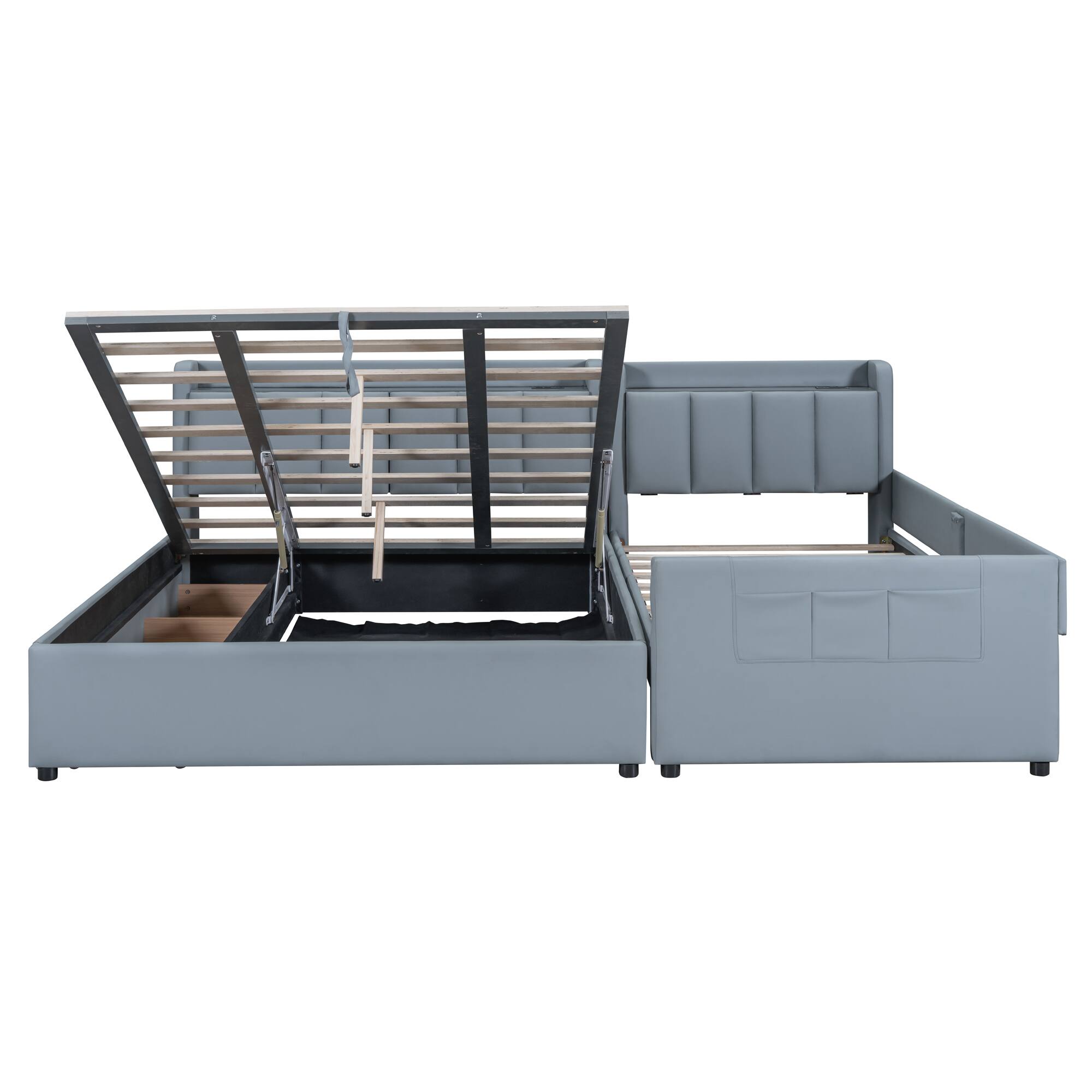 Alt View 1. Tiramisubest - Queen Size & Twin XL Size Upholstered Mother & Child Bed with Hydraulic Storage System, Drawer Box, shelf and USB Ports - Gray.