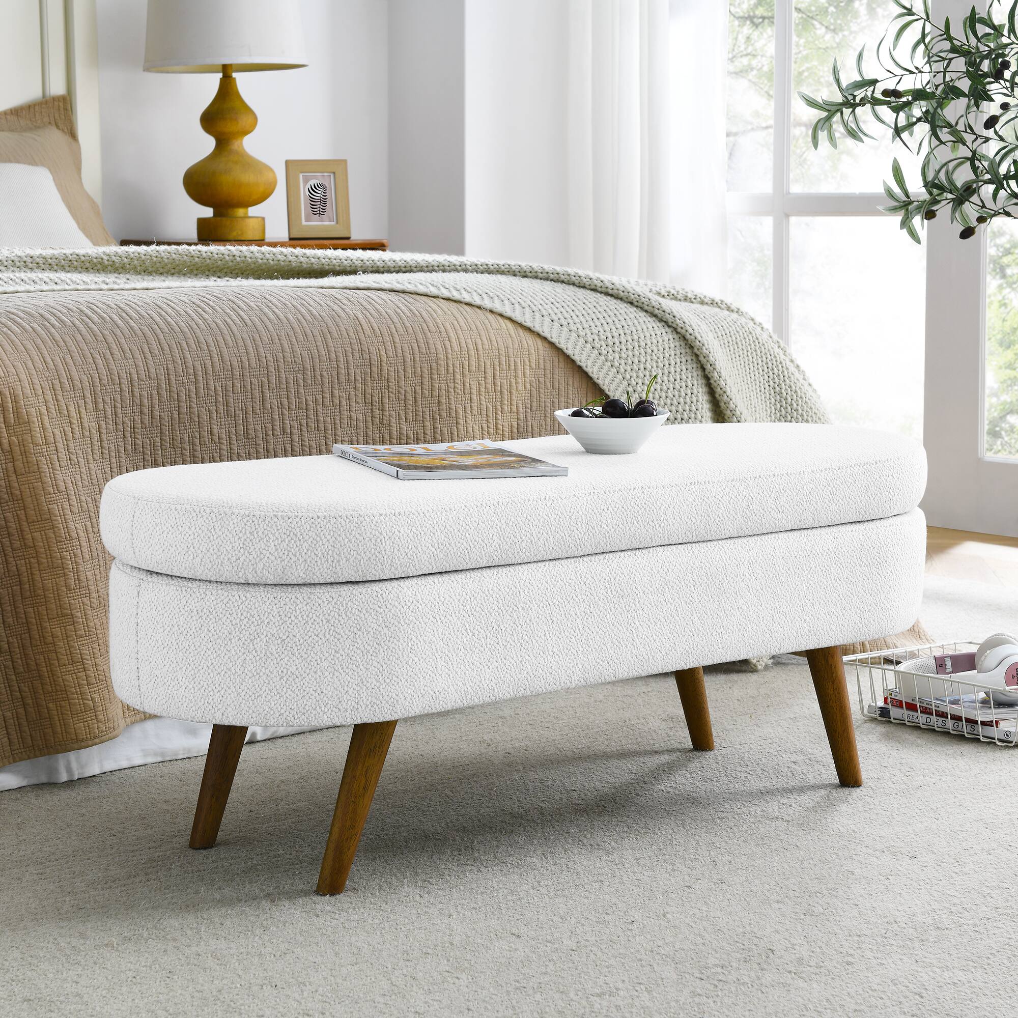 Left. GOODSILO - Elegant Fabric Storage Ottoman Bench with Wooden Legs for Living Room or Bedroom Footrest and Seating - White.