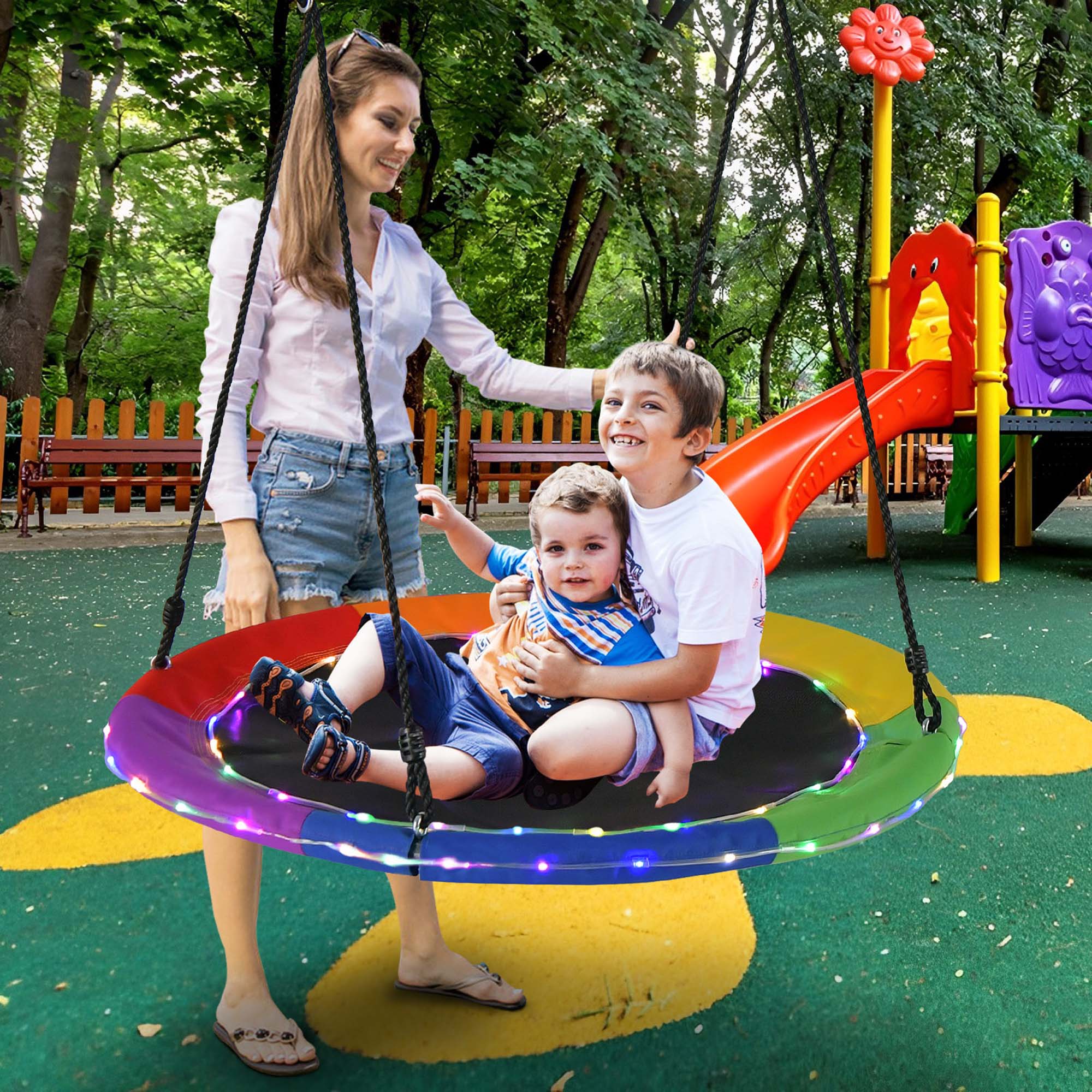 Alt View 3. Costway - Costway 40" Saucer Tree Swing 660 LBS for Kids Adults Outdoor with LED Lights - Black Rainbow.