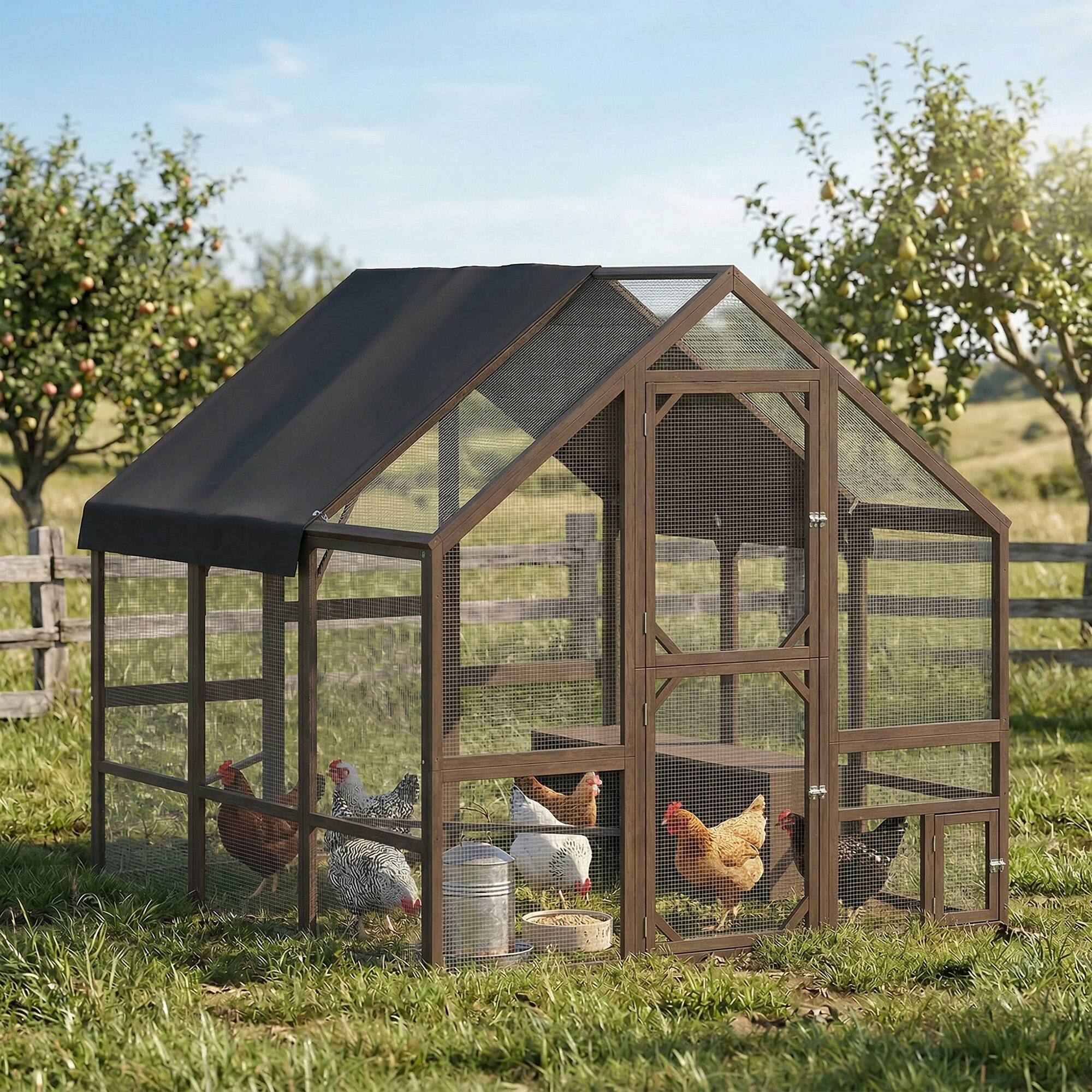 Alt View 1. Pawhut - Wooden Chicken Coop for 8-10 Hens, Walk-in Chicken Run with Waterproof Cover - Dark Brown.