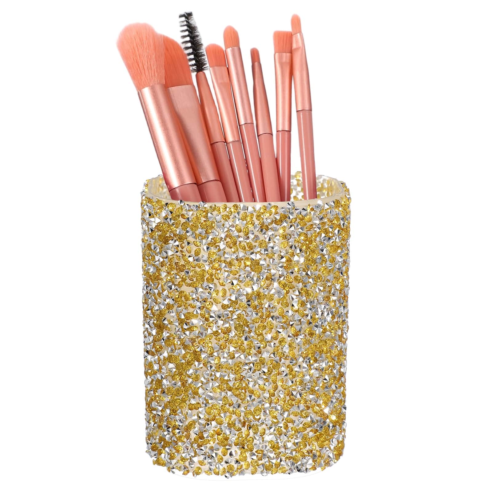Unique Bargains - Crystal Makeup Brush Holder Storage Box Round Pencil Case, 2.9x2.9x3.8in Multifunctional Rhinestone Pen Holder - Light Gold price history on PriceWatchPro