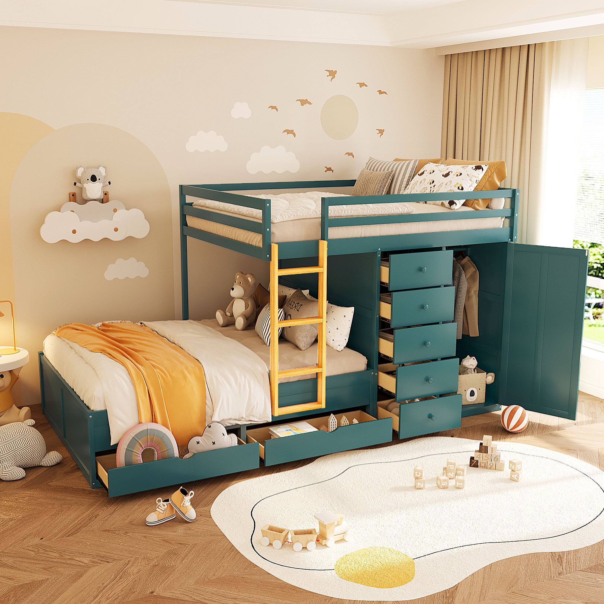 Angle. Anysun - Full Size Bunk Bed with Multiple Drawers & Wardrobe - MDF & Solid Wood Construction, Modern Storage Design - Green.
