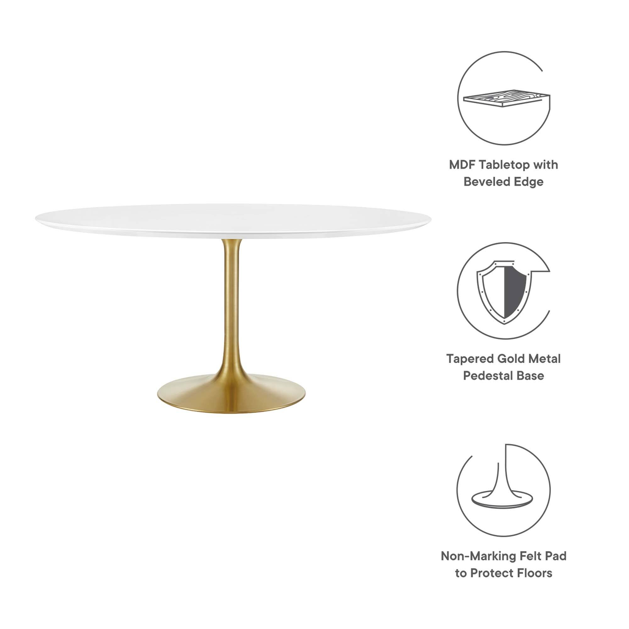 MDF Tabletop with Beveled Edge  
Tapered Gold Metal Pedestal Base  
Non-Marking Felt Pad to Protect Floors