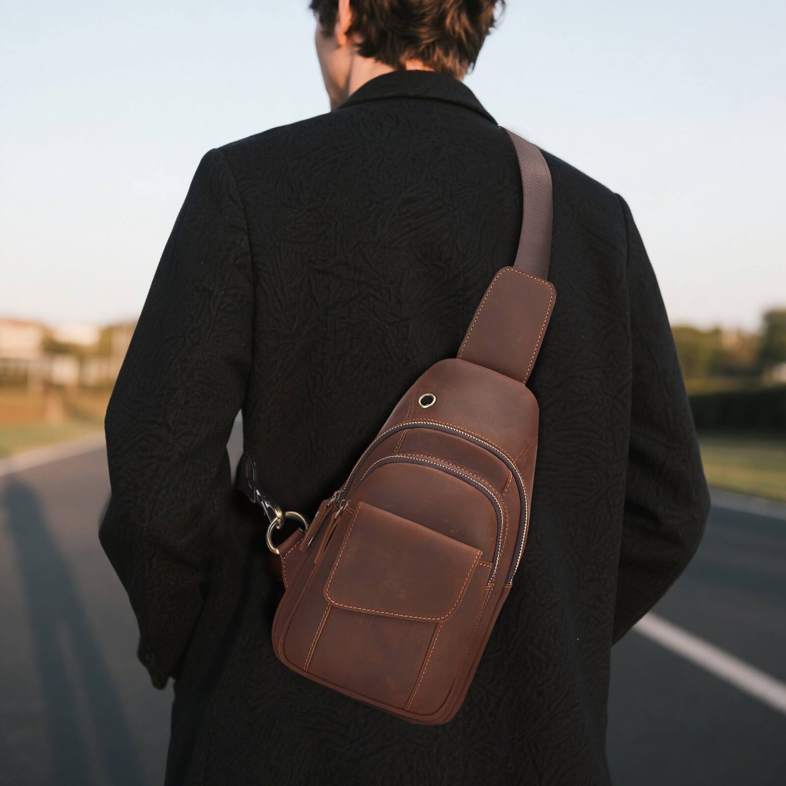 Alt View 4. Unique Bargains - Full-Grain Leather Sling Bag for Men Women Vintage Multi-Pocket Crossbody Bag with Concealed Carry Compartment - Matt brown.