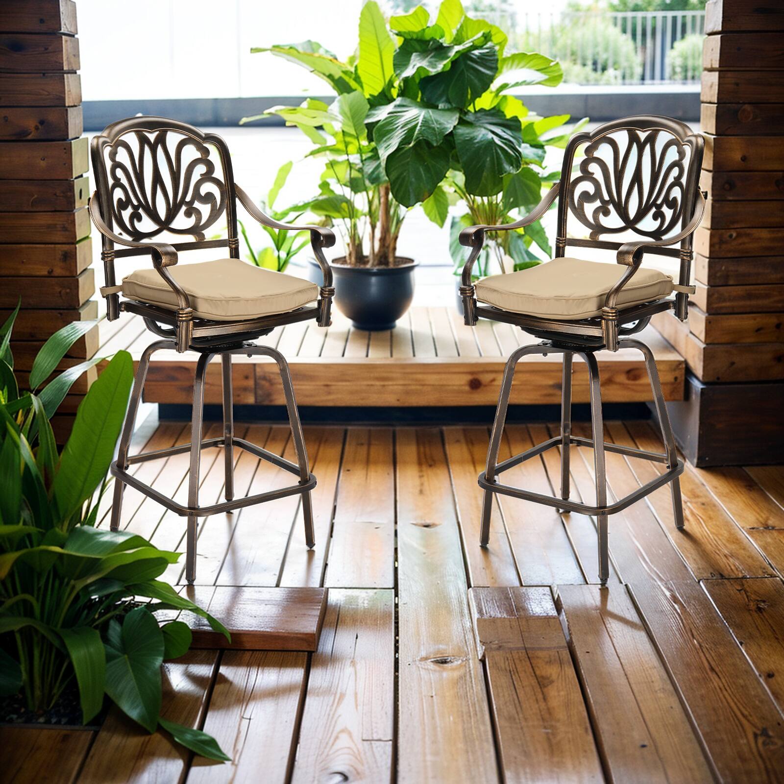 Alt View 8. SlickBlue - Outdoor Aluminum Bar Stools with 360° Swivel, Weatherproof Design, Set of 2 for Patio, Deck, or Poolside - Bronze.