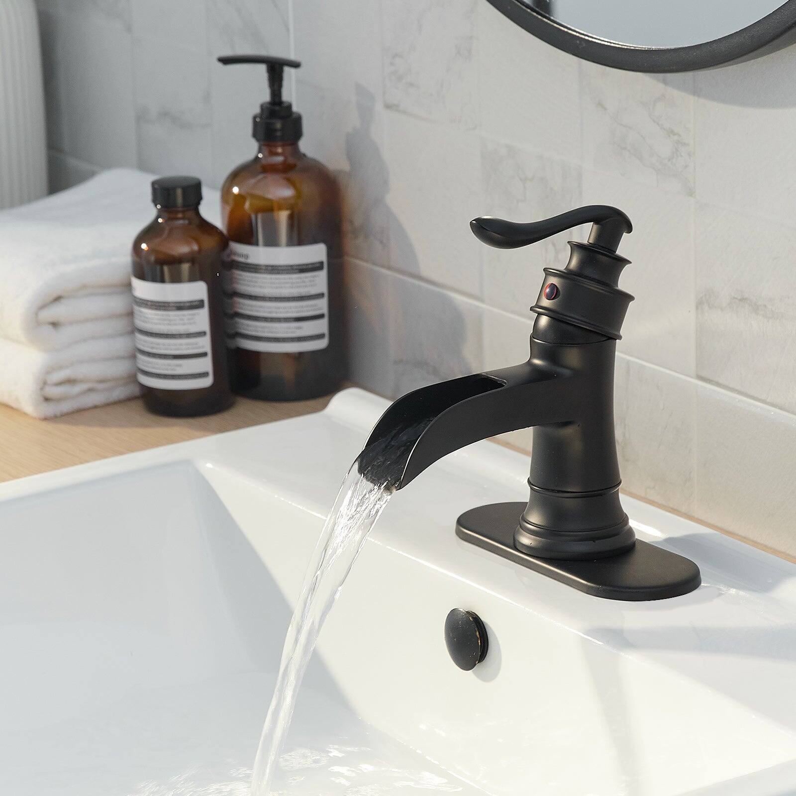 Alt View 2. Boyel Living - Waterfall Single Hole Single-Handle Low-Arc Bathroom Faucet With Pop-up Drain Assembly in Matte Black - Matte Black.