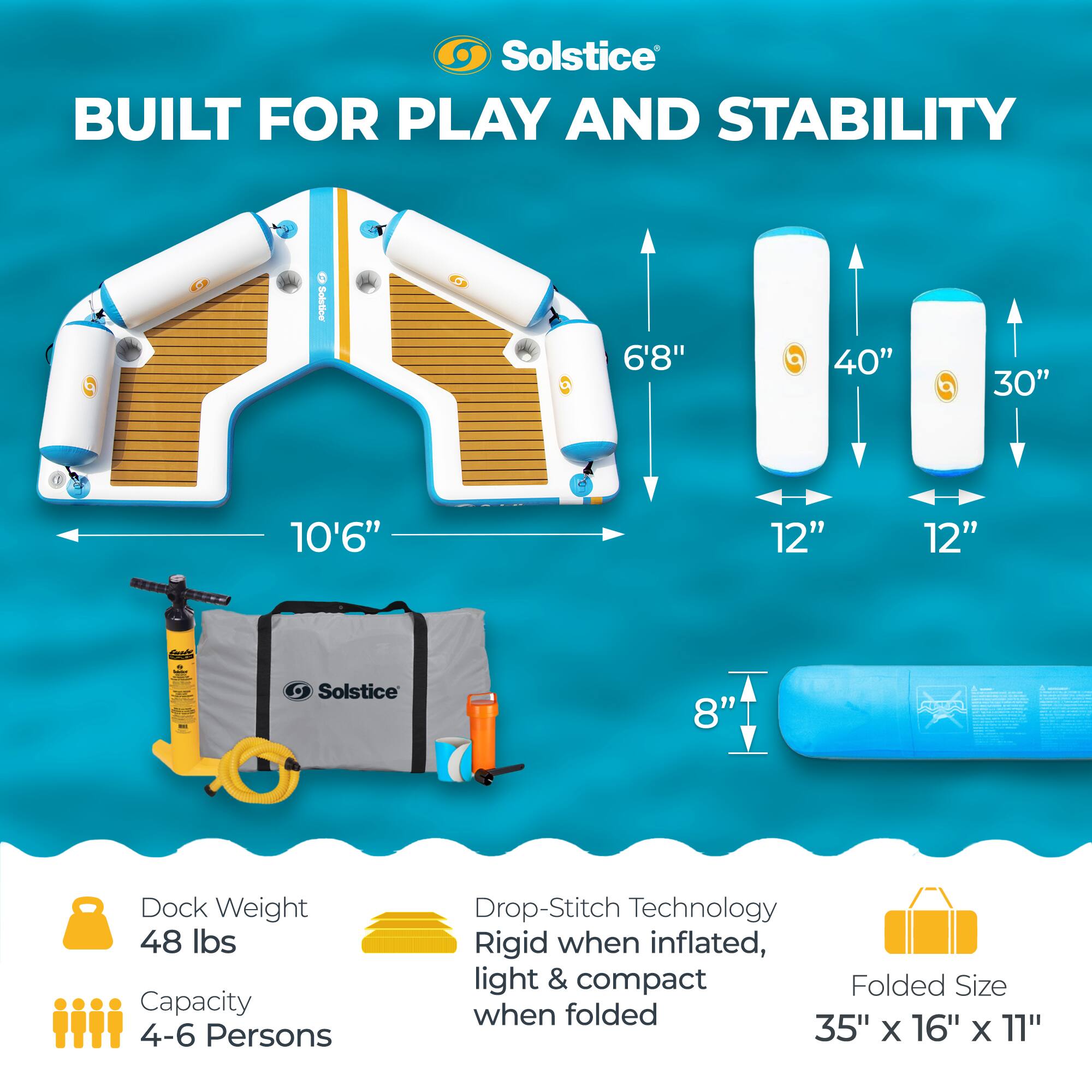 Solstice BUILT FOR PLAY AND STABILITY - a Solstice 6'8" 40" 30" 10'6" 12" 12" DC : I :  - Solstice 8" Dock Weight 48 lbs Capacity 4-6 Persons Drop-Stitch Technology Rigid when inflated, light & compact Folded Size when folded 35" X 16" X 11"