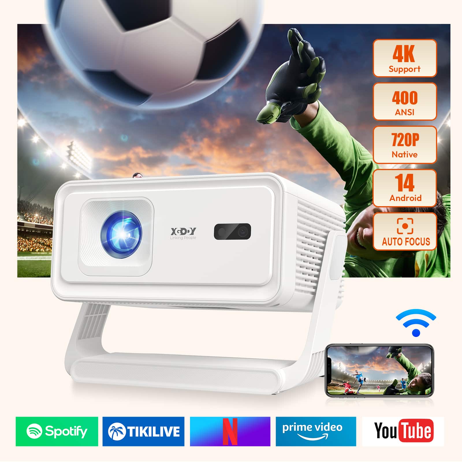 Xgody - A1 Smart Portable Projector, 720p with Wi-Fi 6, Bluetooth 5.4, Auto Focus & 6D Keystone, Android 14