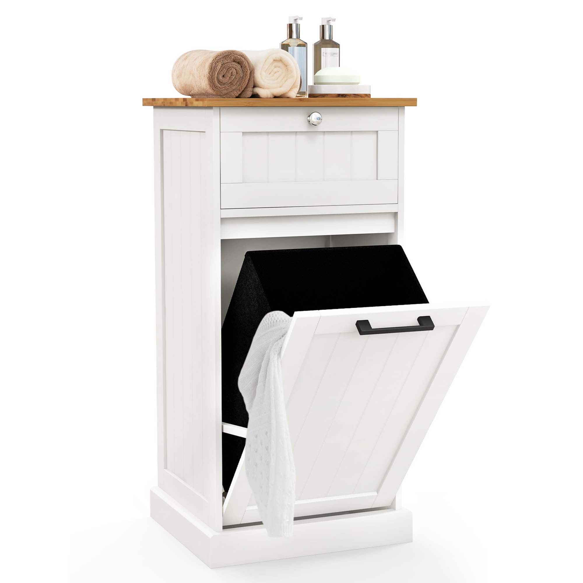 Front. Costway - Laundry Cabinet Freestanding Tilt Out Laundry Hamper with Basket Drawer Organizer - White/Natural.
